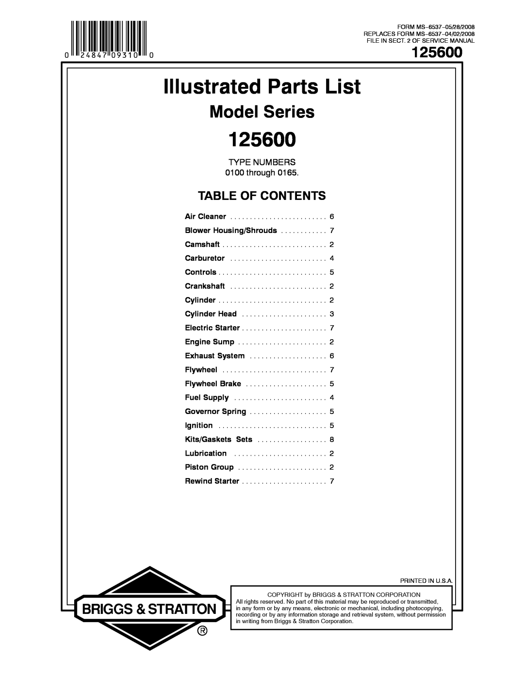 Briggs & Stratton 125600 service manual Illustrated Parts List, Model Series, Table Of Contents, TYPE NUMBERS 0100 through 