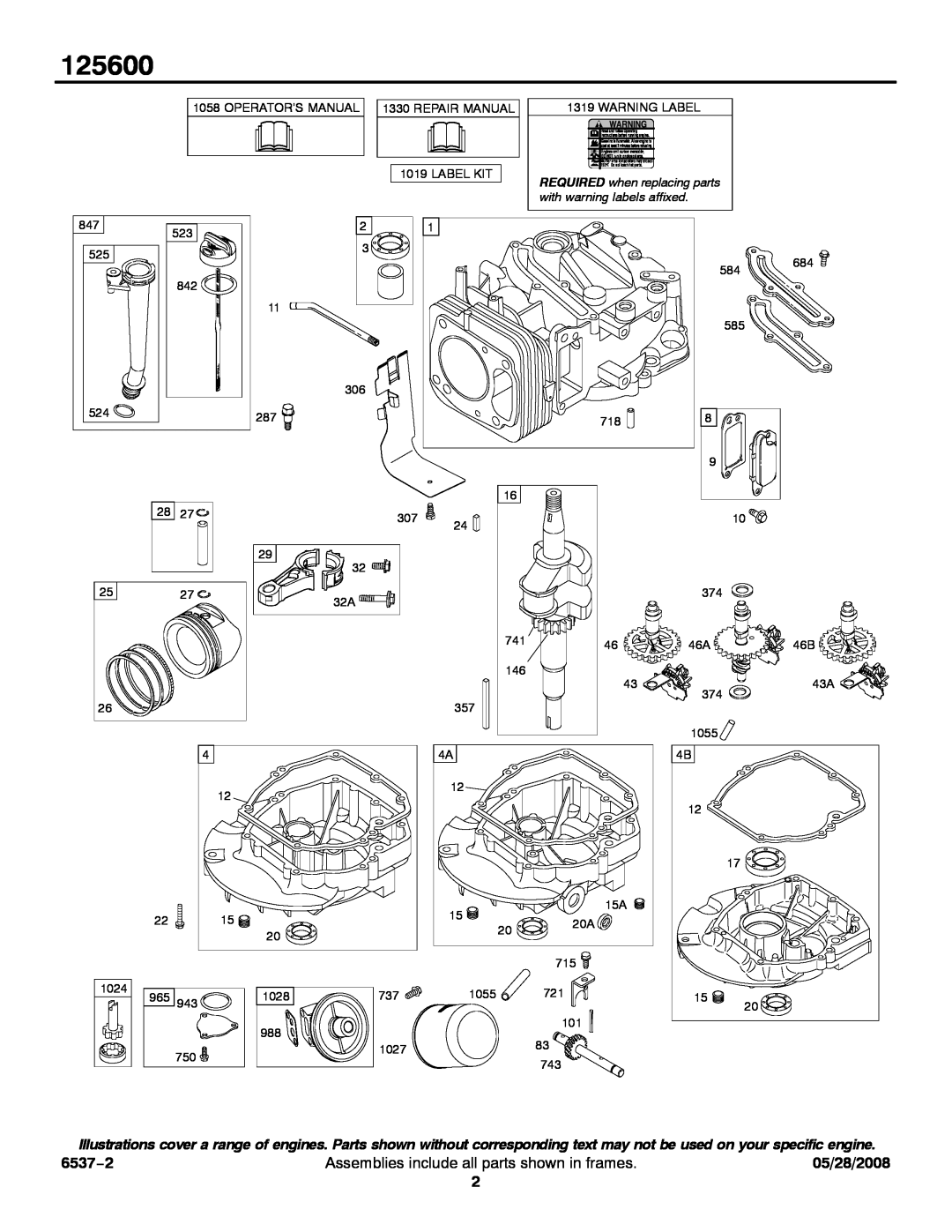 Briggs & Stratton 125600 service manual 6537−2, Assemblies include all parts shown in frames, 05/28/2008 