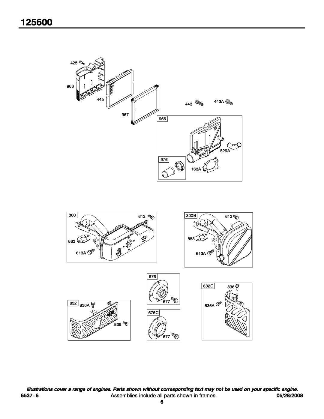 Briggs & Stratton 125600 service manual 6537−6, Assemblies include all parts shown in frames, 05/28/2008 