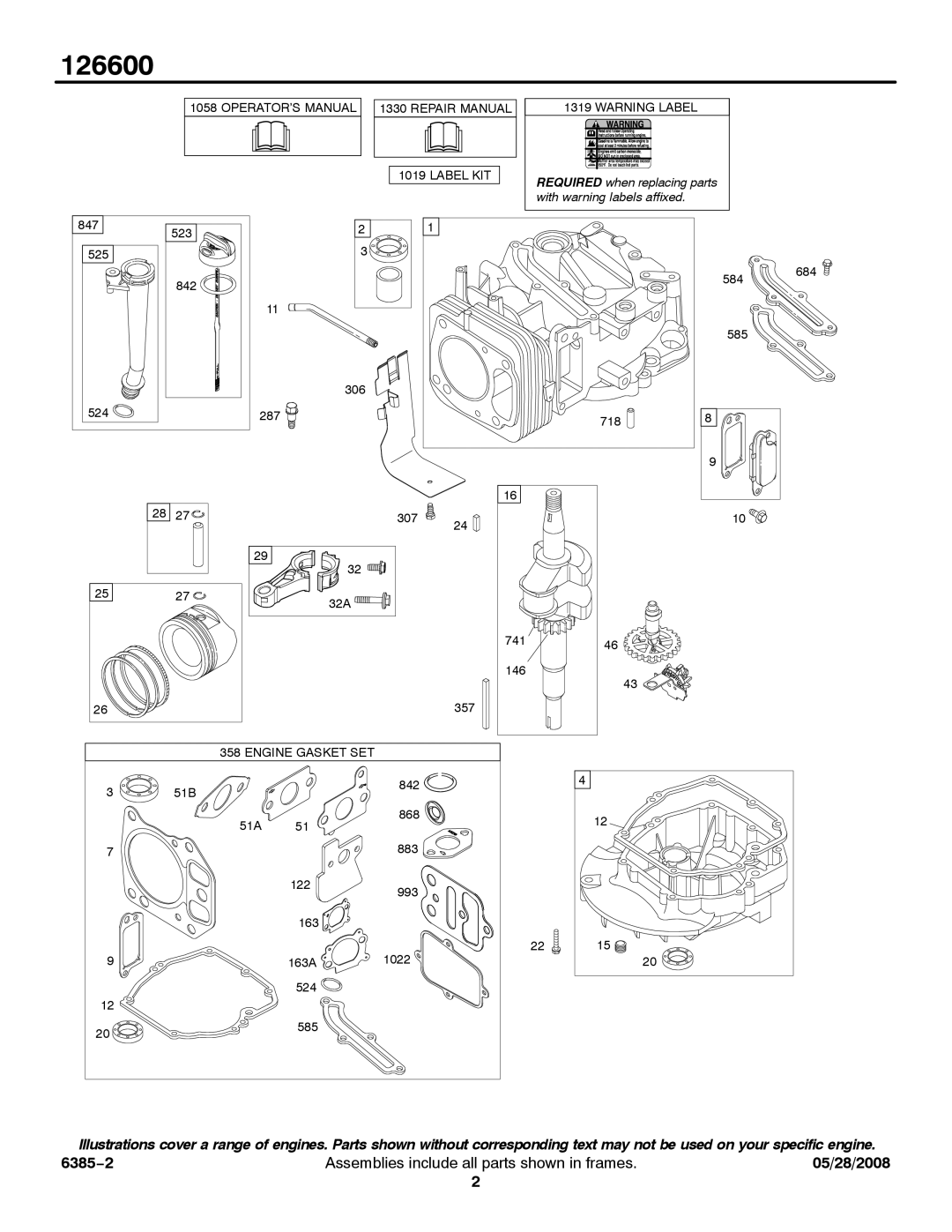 Briggs & Stratton 126600 service manual Engine Gasket SET 
