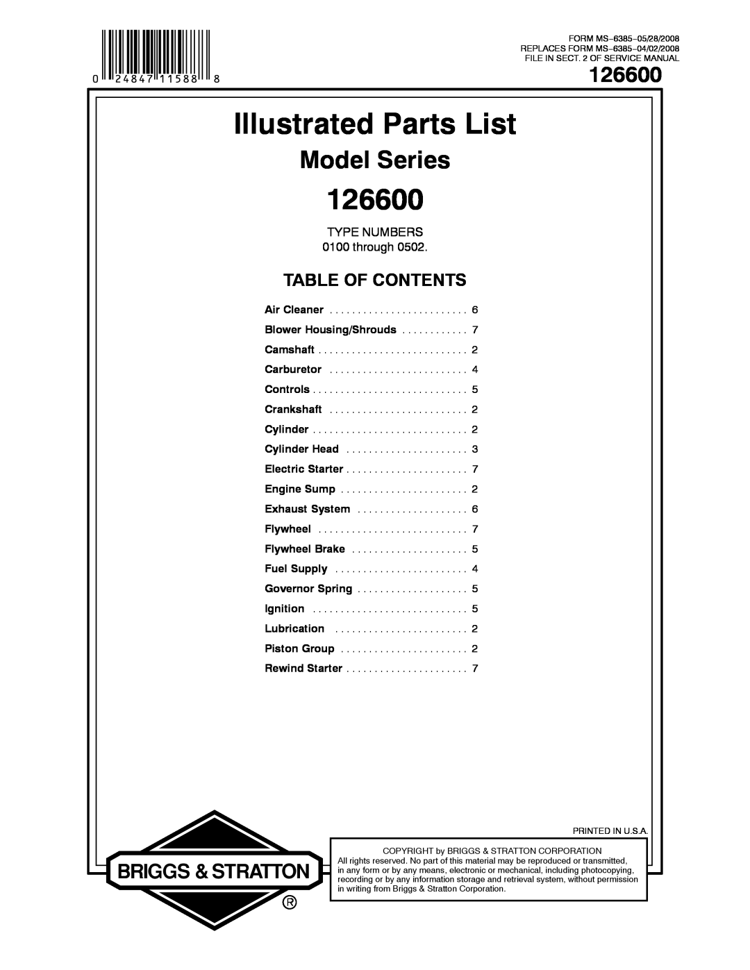 Briggs & Stratton 126600 service manual Illustrated Parts List, Model Series, Table Of Contents, TYPE NUMBERS 0100 through 
