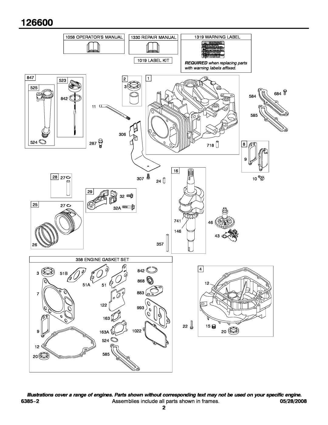 Briggs & Stratton 126600 service manual 6385−2, Assemblies include all parts shown in frames, 05/28/2008 