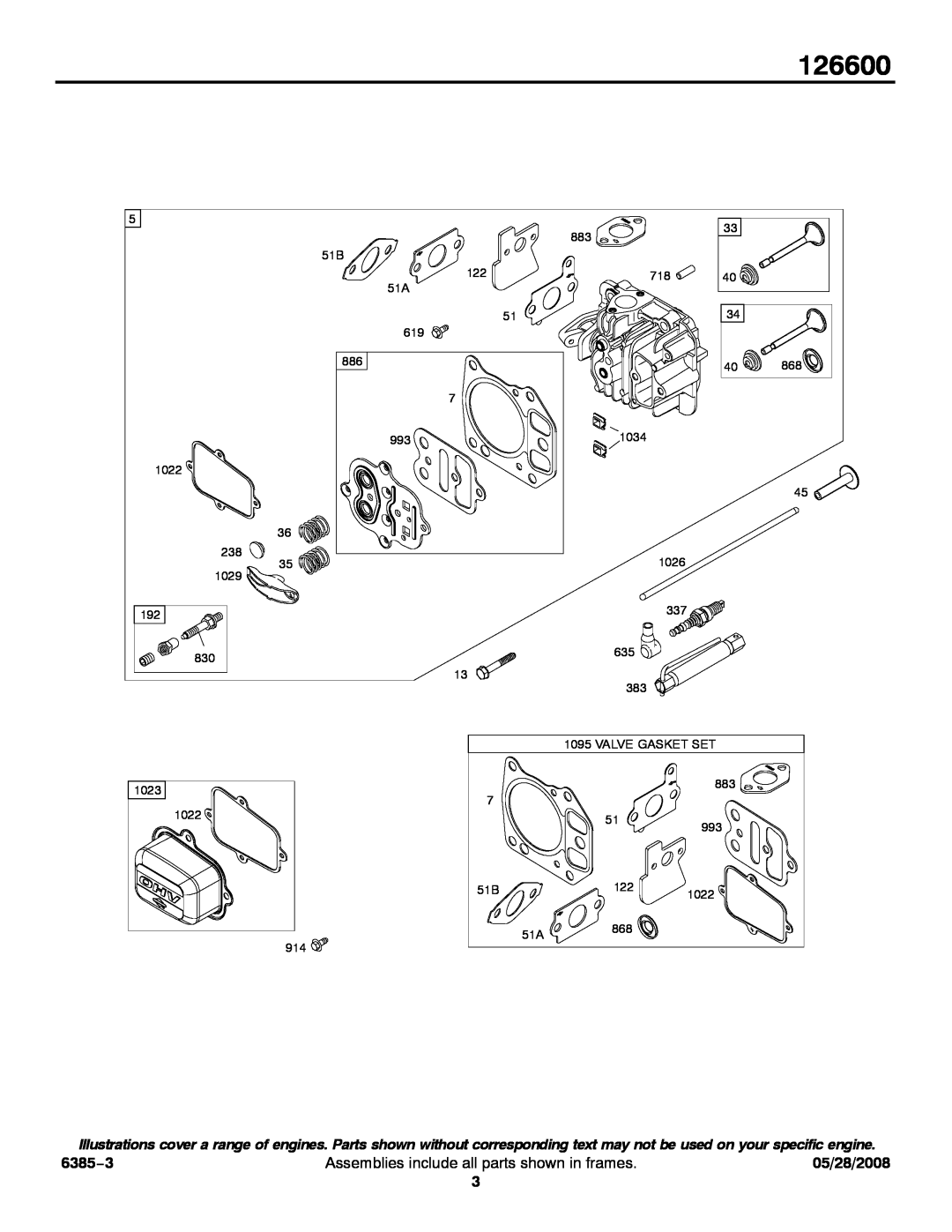 Briggs & Stratton 126600 service manual 6385−3, Assemblies include all parts shown in frames, 05/28/2008 