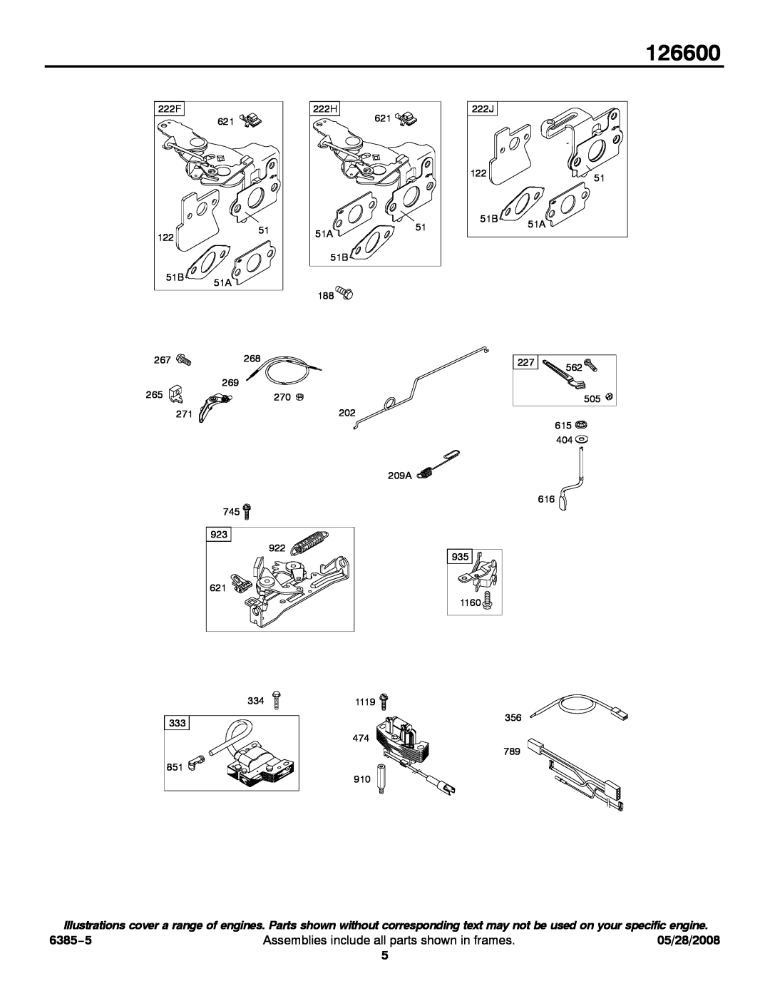 Briggs & Stratton 126600 service manual 6385−5, Assemblies include all parts shown in frames, 05/28/2008 