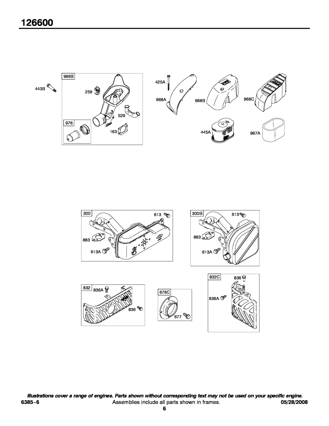Briggs & Stratton 126600 service manual 6385−6, Assemblies include all parts shown in frames, 05/28/2008 