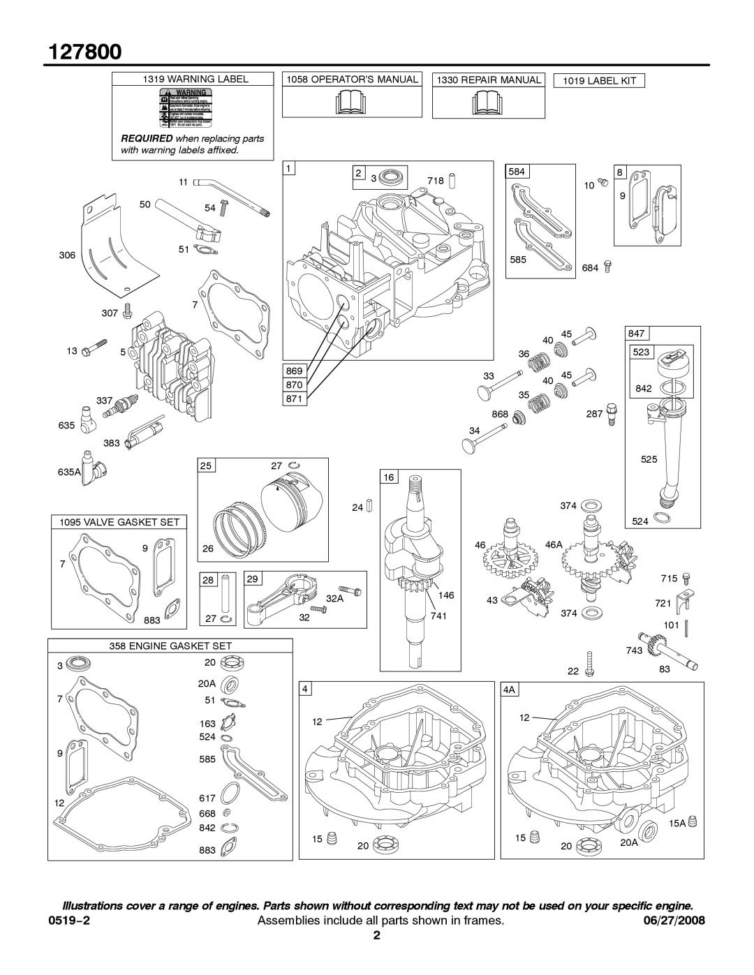 Briggs & Stratton 127800 Series service manual OPERATOR’S Manual 1330 Repair Manual Label KIT 