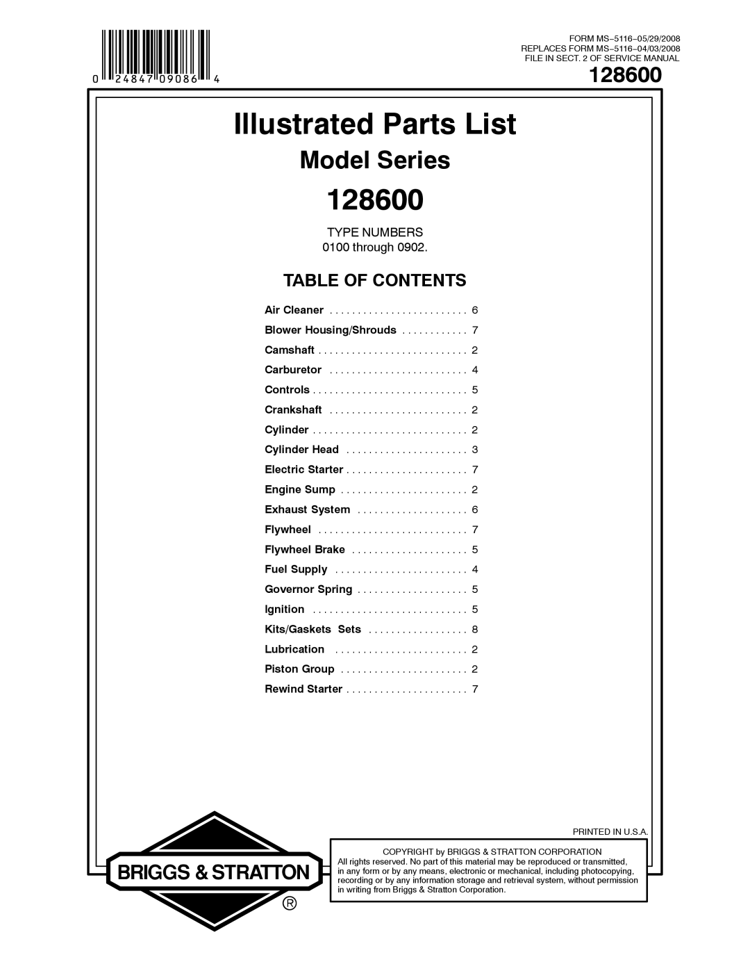 Briggs & Stratton 128600 service manual Illustrated Parts List 