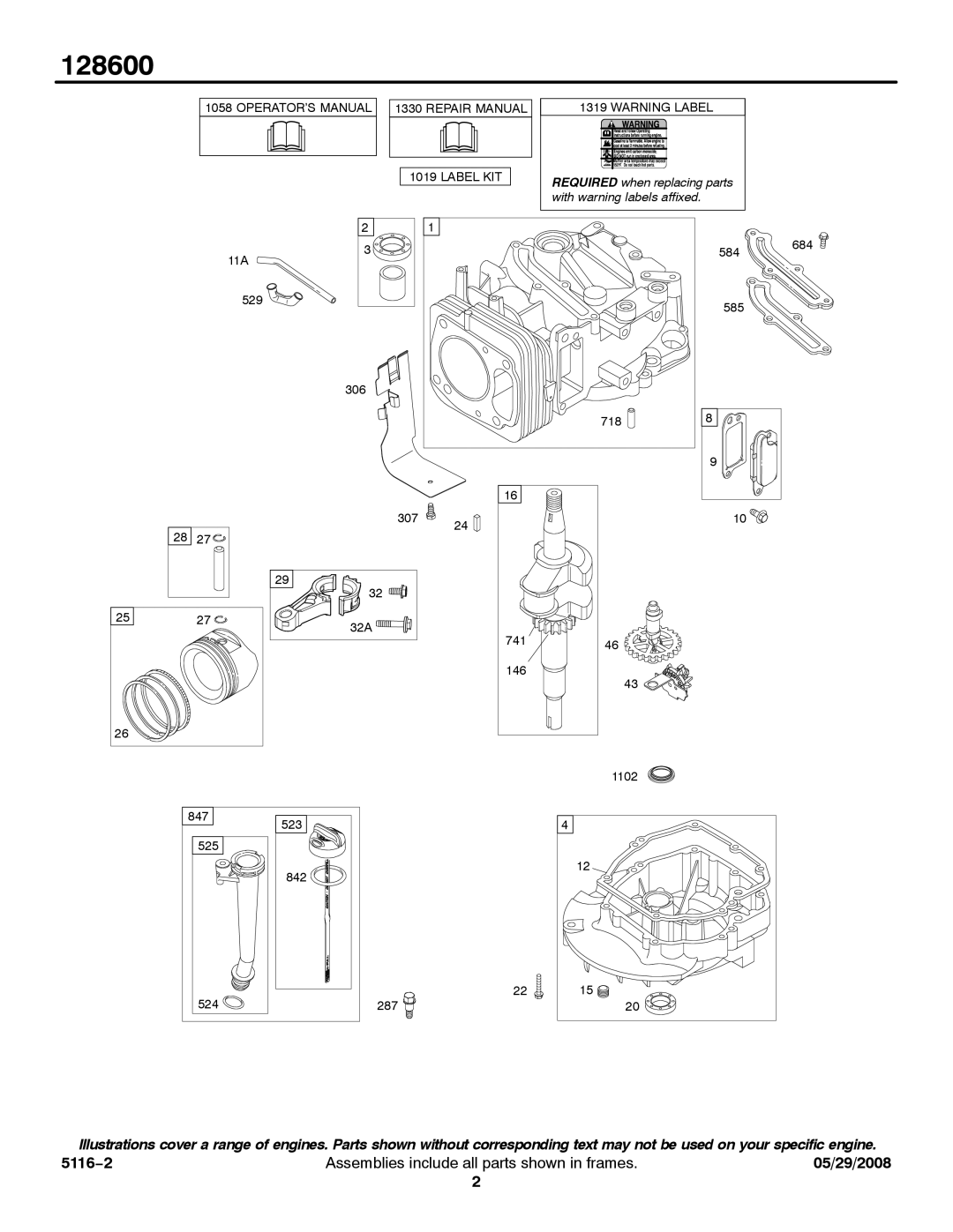 Briggs & Stratton 128600 service manual OPERATOR’S Manual 1330 Repair Manual Label KIT 