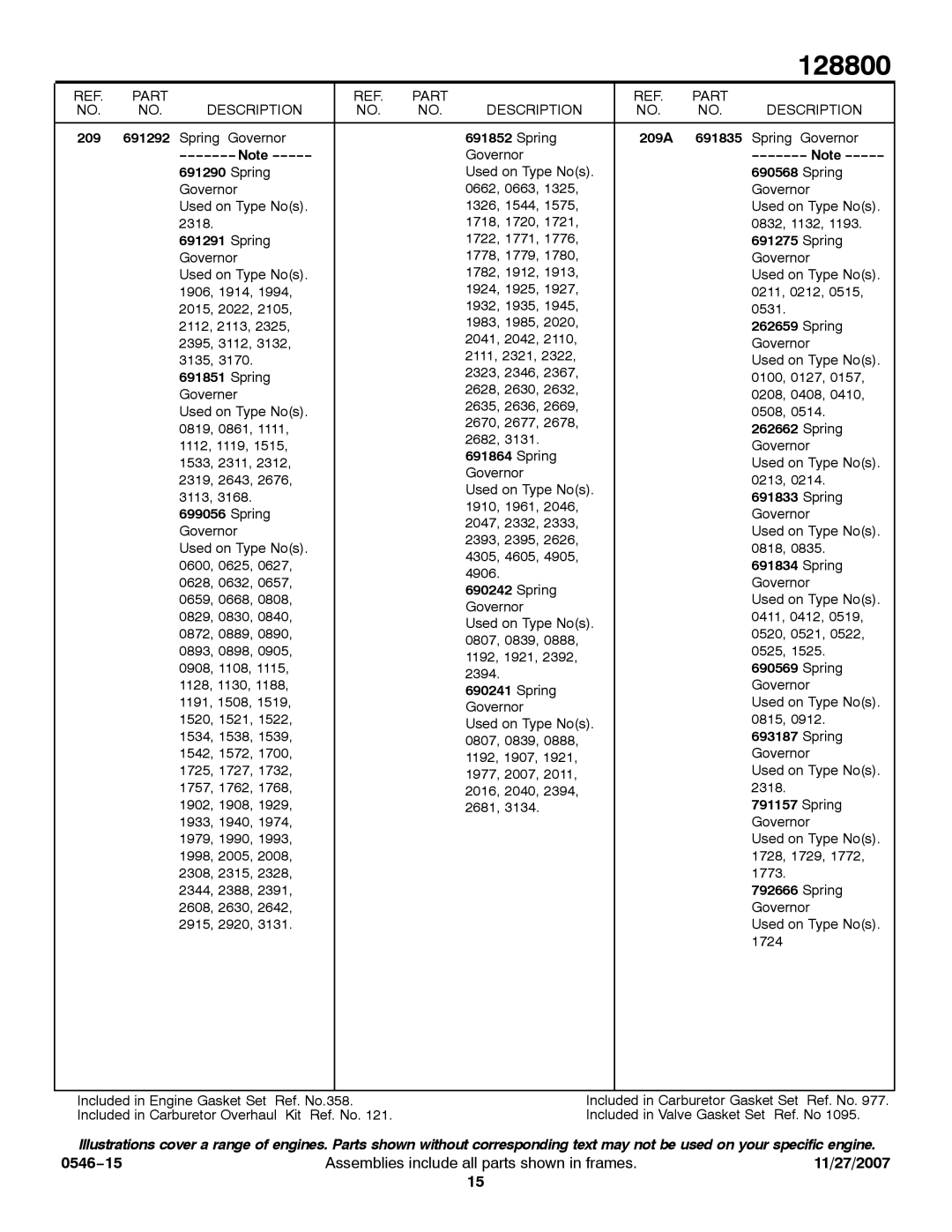 Briggs & Stratton 128800 service manual 691292, Spring− 209A 691835, Note 