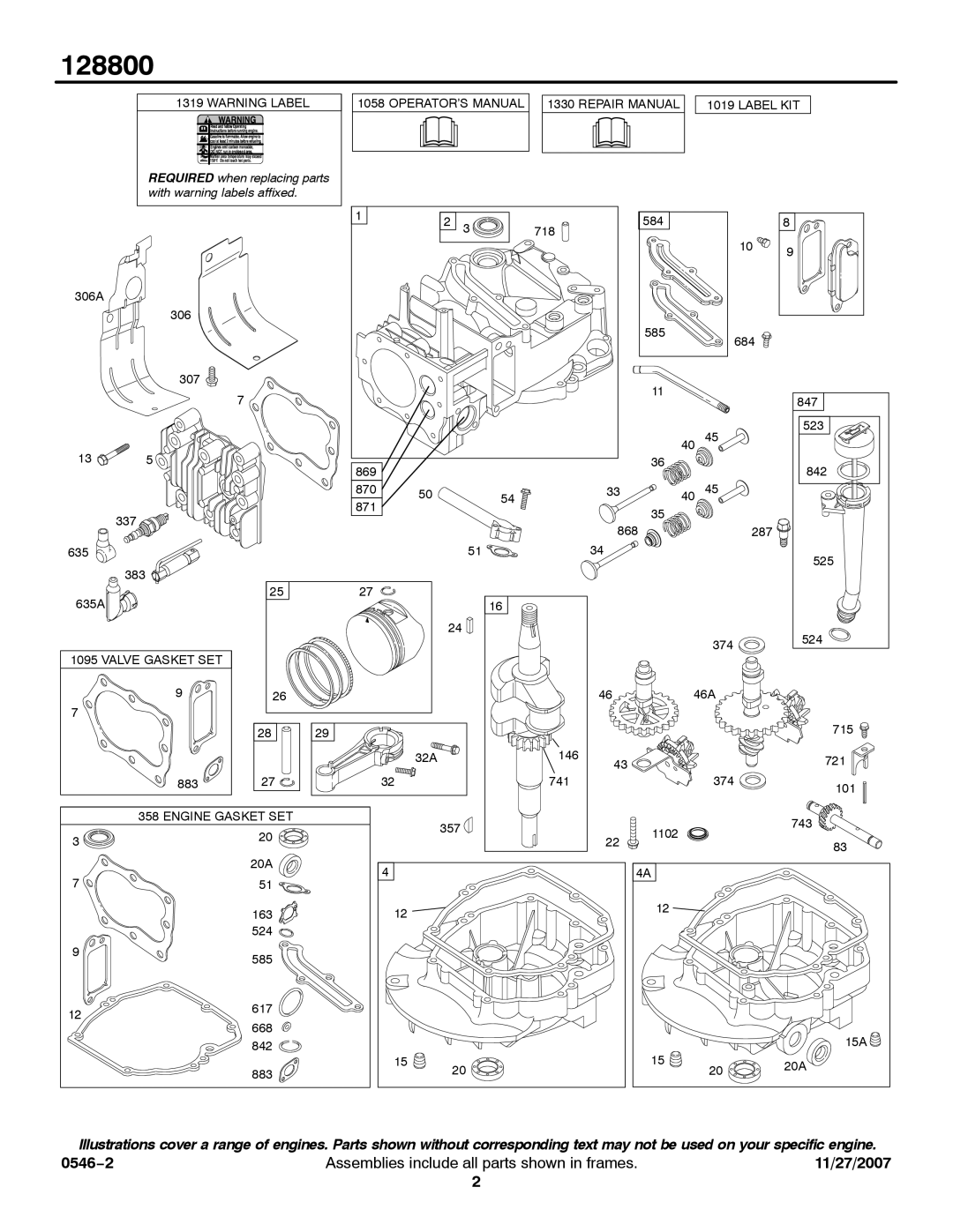 Briggs & Stratton 128800 service manual OPERATOR’S Manual 1330 Repair Manual Label KIT 