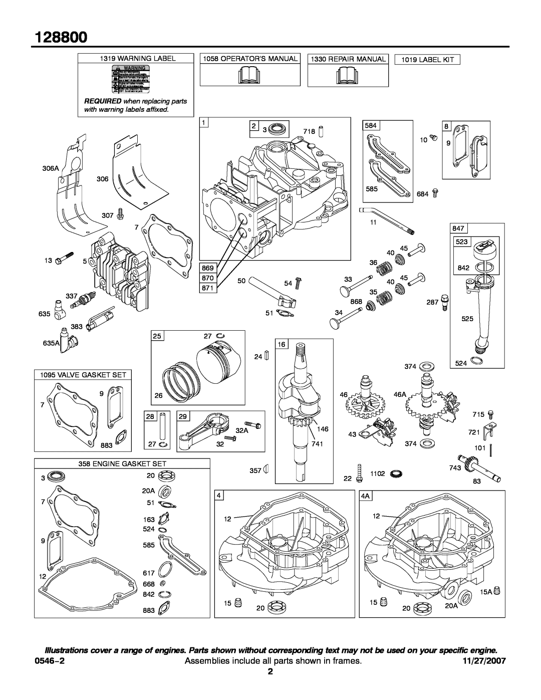 Briggs & Stratton 128800 service manual 0546−2, Assemblies include all parts shown in frames, 11/27/2007 