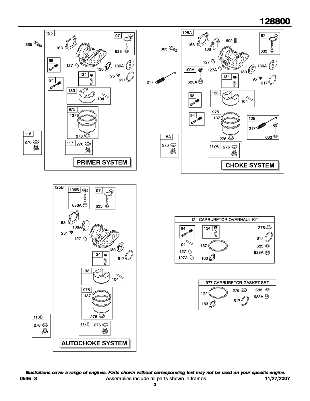 Briggs & Stratton 128800 service manual 0546−3, Primer System, Choke System, Autochoke System, 11/27/2007 