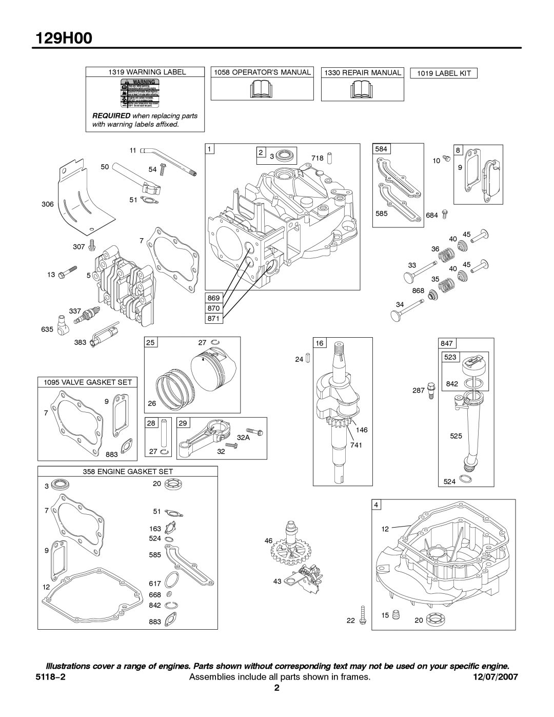 Briggs & Stratton 129H00 service manual OPERATOR’S Manual 1330 Repair Manual Label KIT 