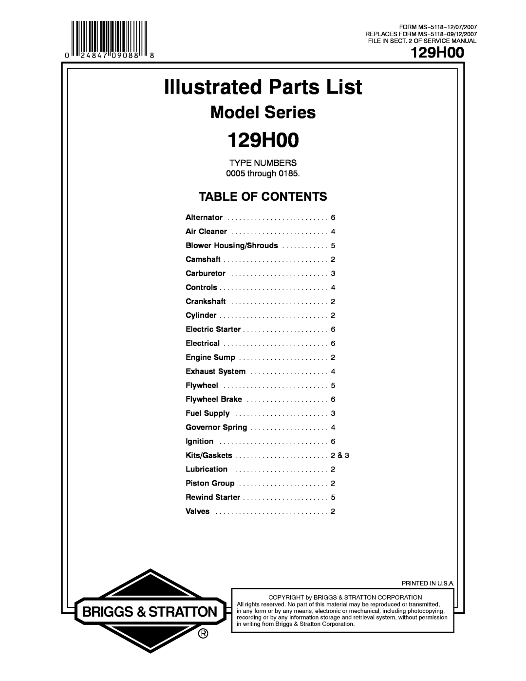Briggs & Stratton 129H00 service manual Illustrated Parts List, Model Series, Table Of Contents, TYPE NUMBERS 0005 through 
