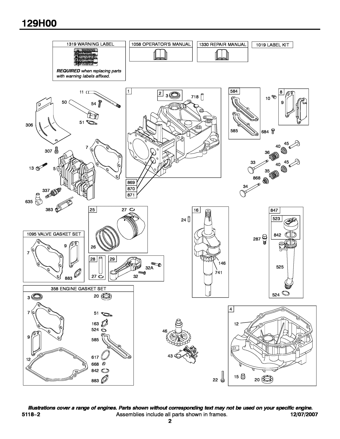 Briggs & Stratton 129H00 service manual 5118−2, Assemblies include all parts shown in frames, 12/07/2007 