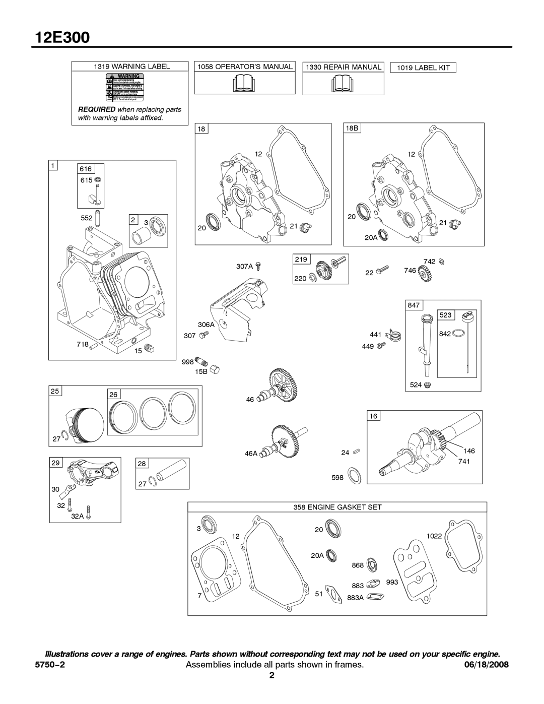 Briggs & Stratton 12E300 service manual Engine Gasket SET 