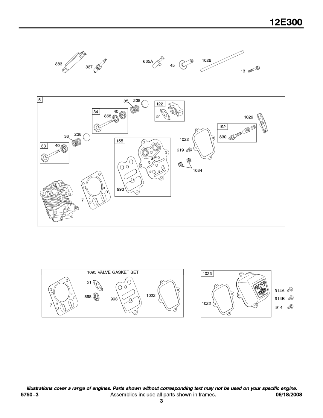 Briggs & Stratton 12E300 service manual Valve Gasket SET 