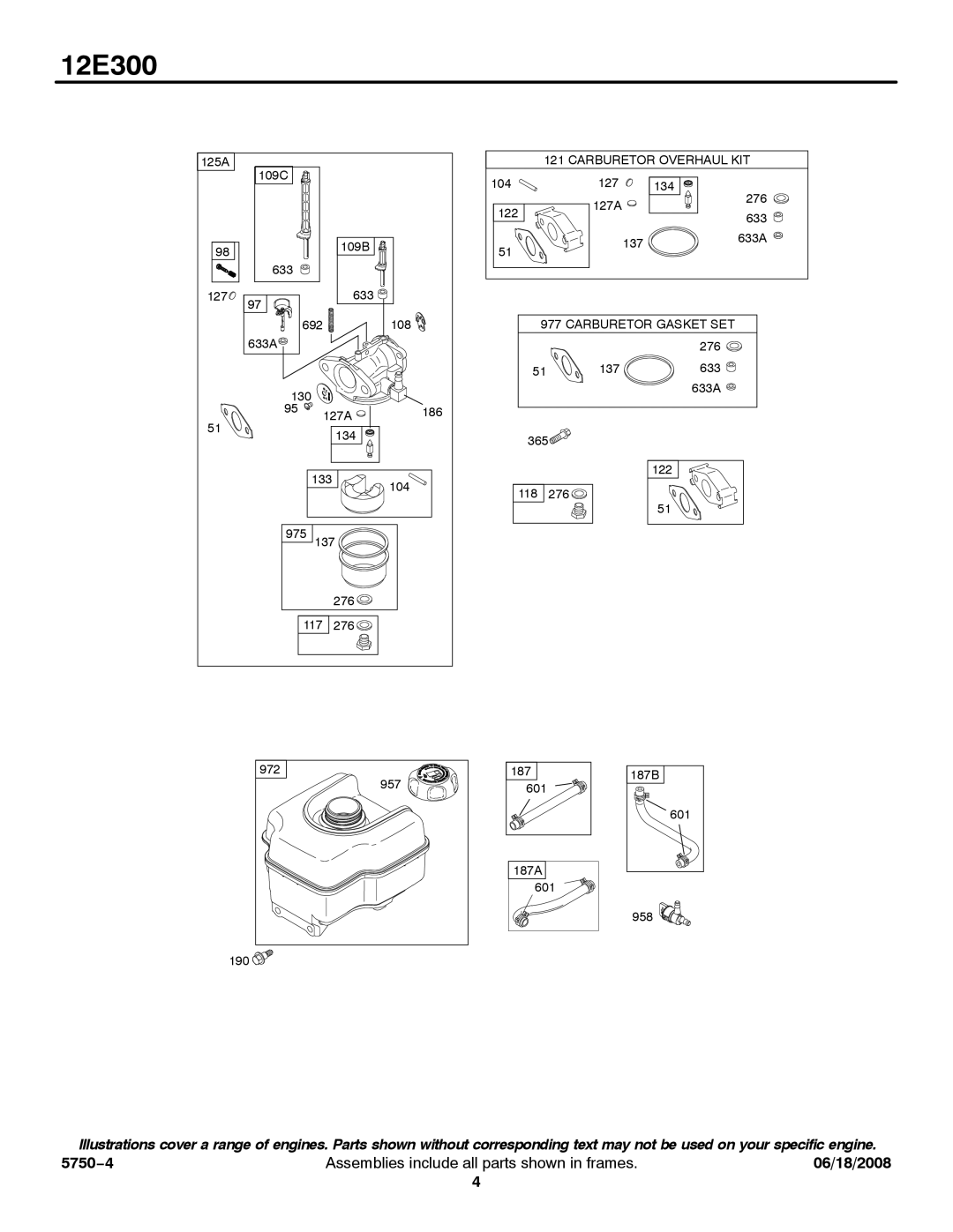 Briggs & Stratton 12E300 service manual Carburetor Overhaul KIT 