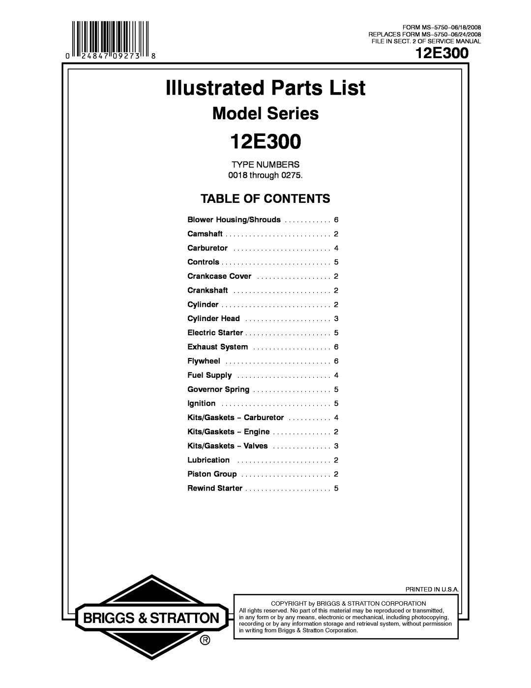 Briggs & Stratton 12E300 service manual Illustrated Parts List, Model Series, Table Of Contents, TYPE NUMBERS 0018 through 