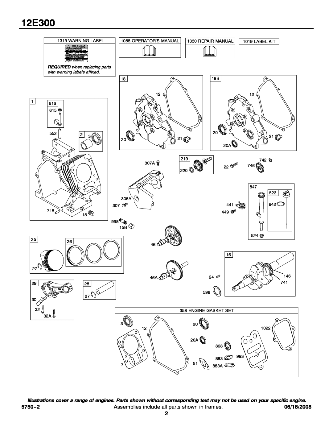 Briggs & Stratton 12E300 service manual 5750−2, Assemblies include all parts shown in frames, 06/18/2008 