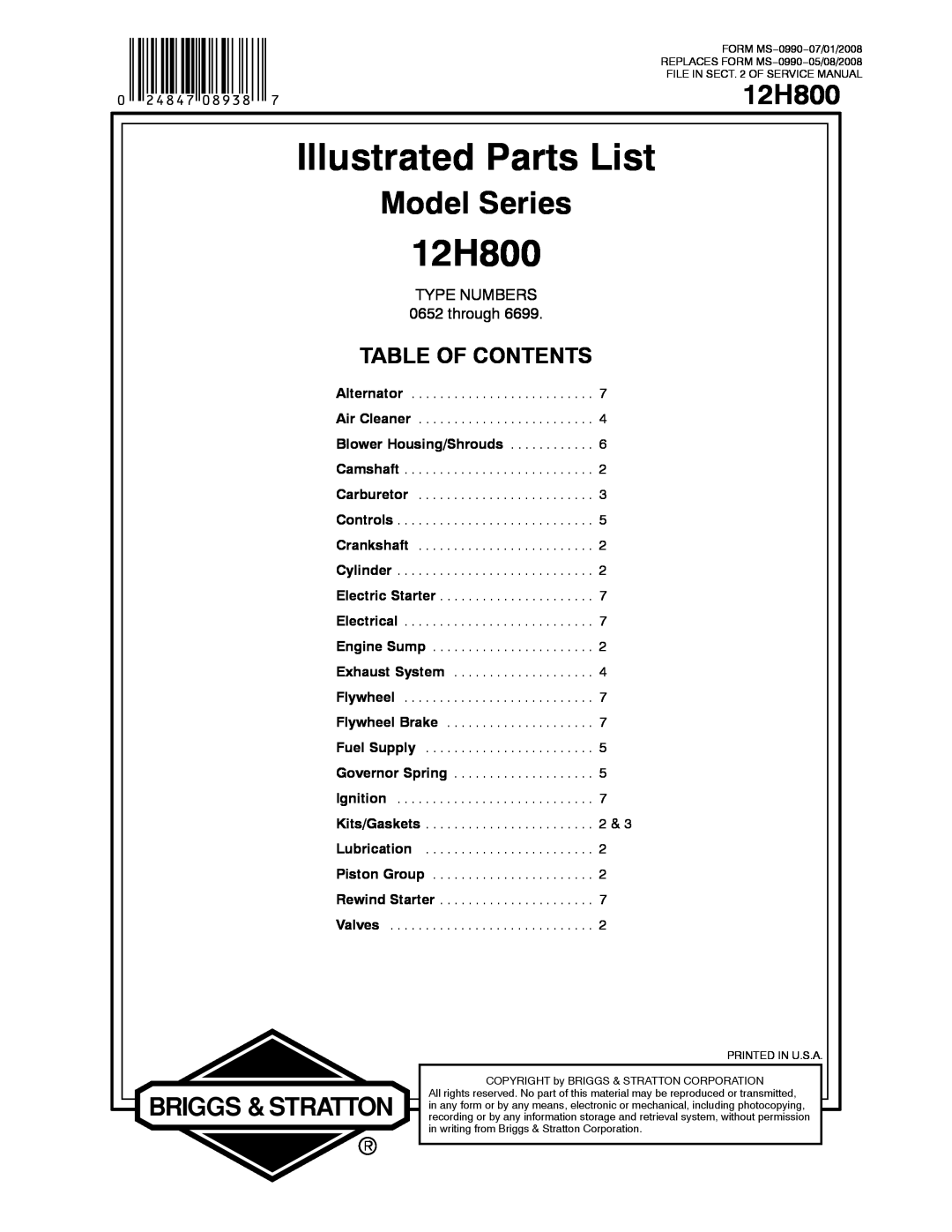 Briggs & Stratton 12H800 service manual Illustrated Parts List, Model Series, Table Of Contents, TYPE NUMBERS 0652 through 