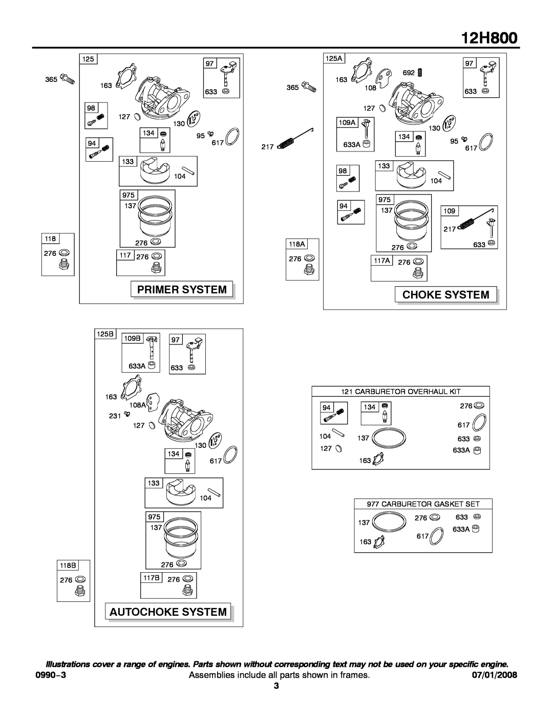 Briggs & Stratton 12H800 service manual 0990−3, Primer System, Choke System, Autochoke System, 07/01/2008 