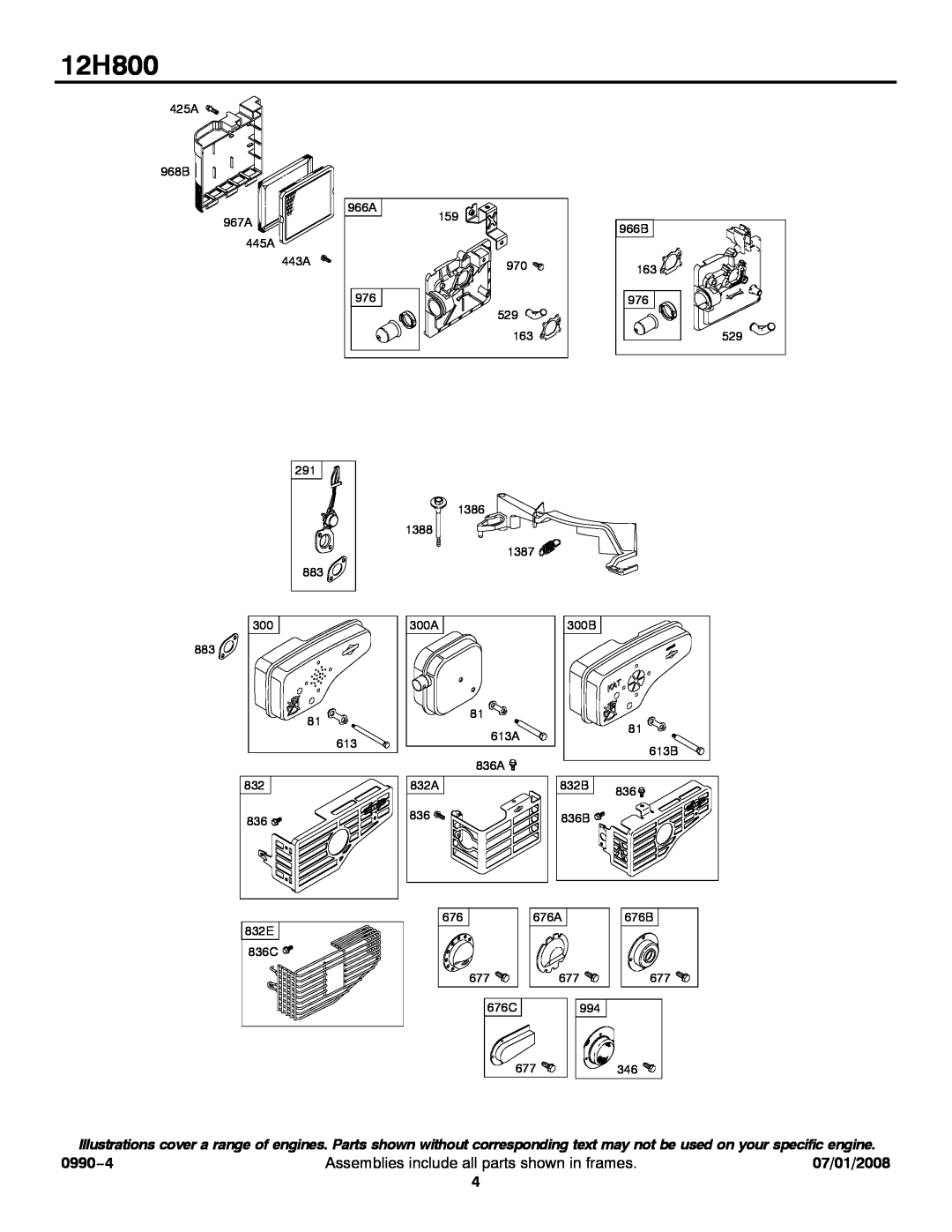 Briggs & Stratton 12H800 service manual 0990−4, Assemblies include all parts shown in frames, 07/01/2008 