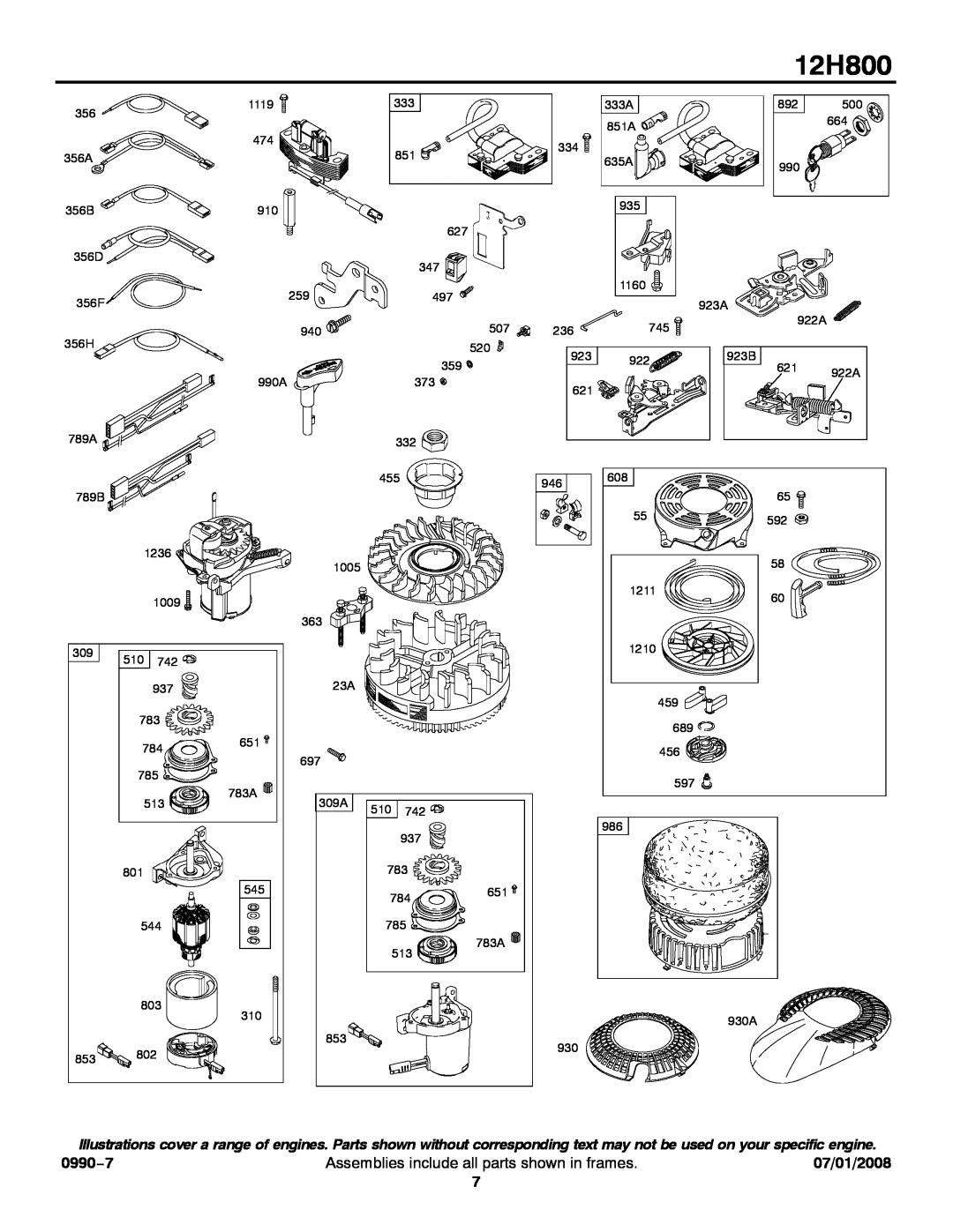 Briggs & Stratton 12H800 service manual 0990−7, Assemblies include all parts shown in frames, 07/01/2008 