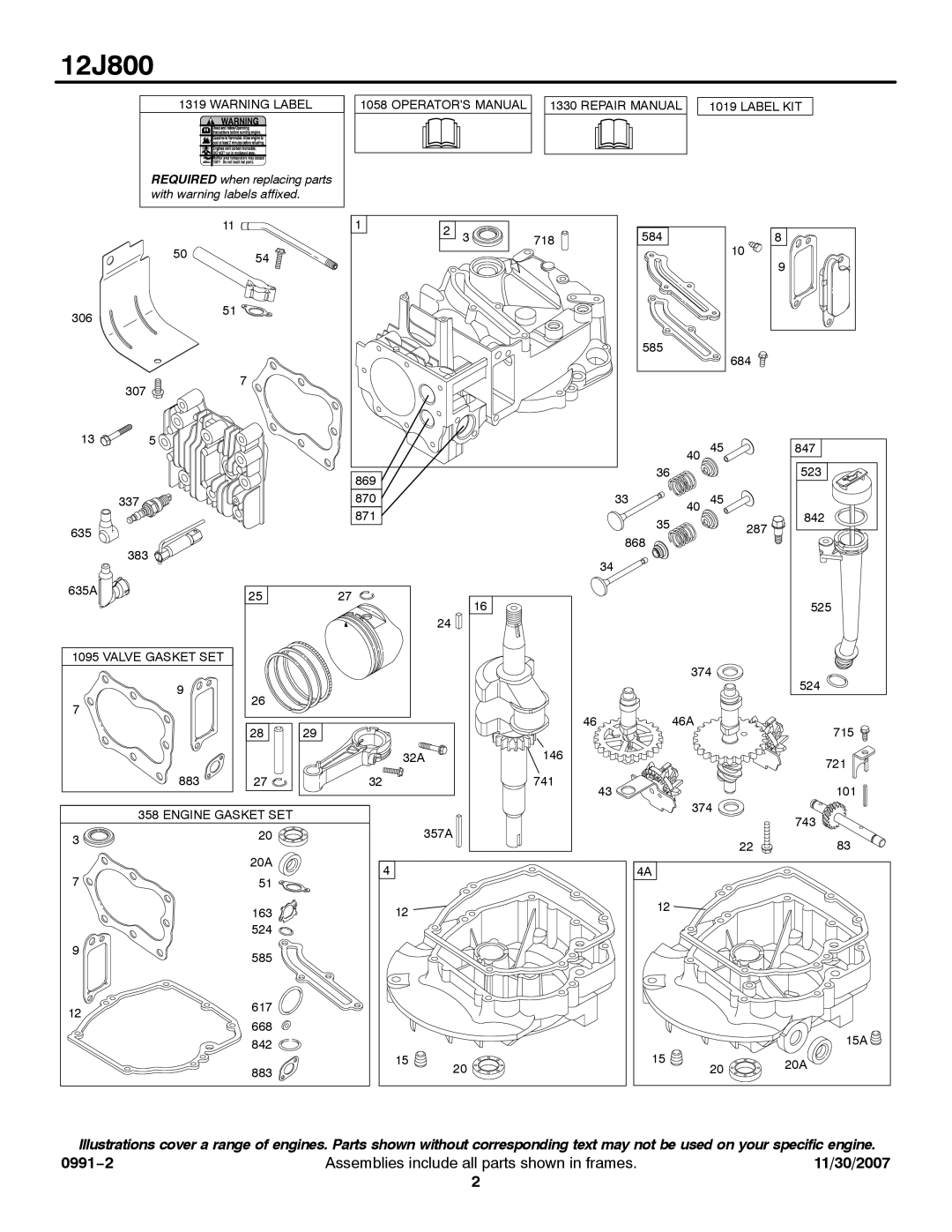 Briggs & Stratton 12J800 service manual OPERATOR’S Manual 1330 Repair Manual Label KIT 