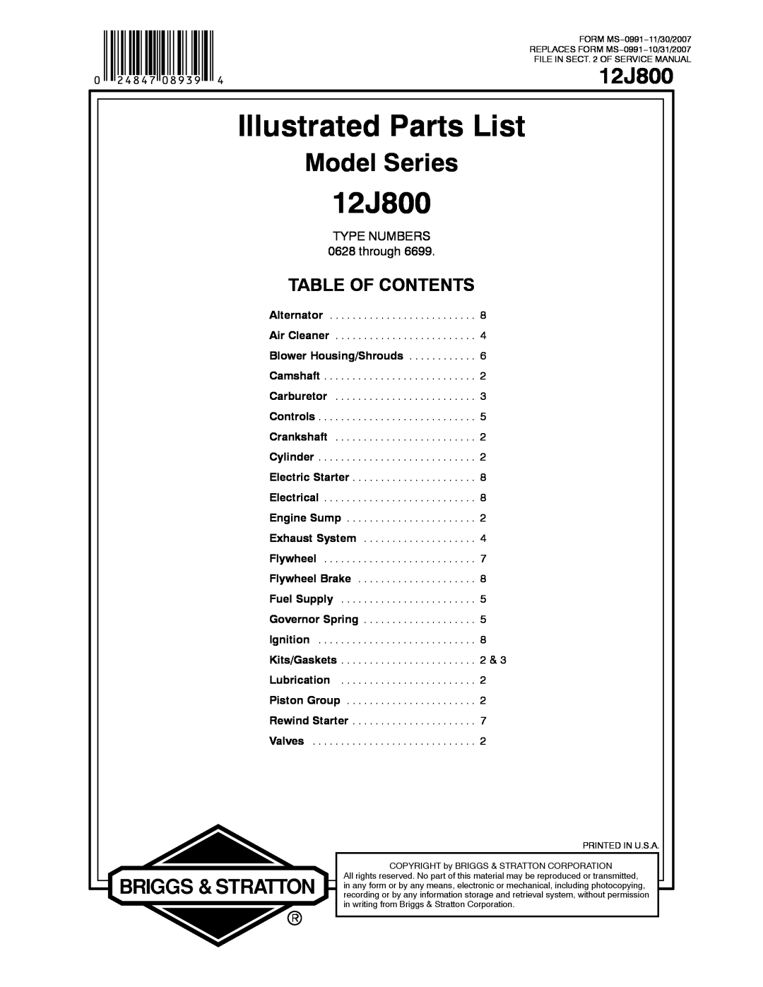 Briggs & Stratton 12J800 service manual Illustrated Parts List, Model Series, Table Of Contents, TYPE NUMBERS 0628 through 