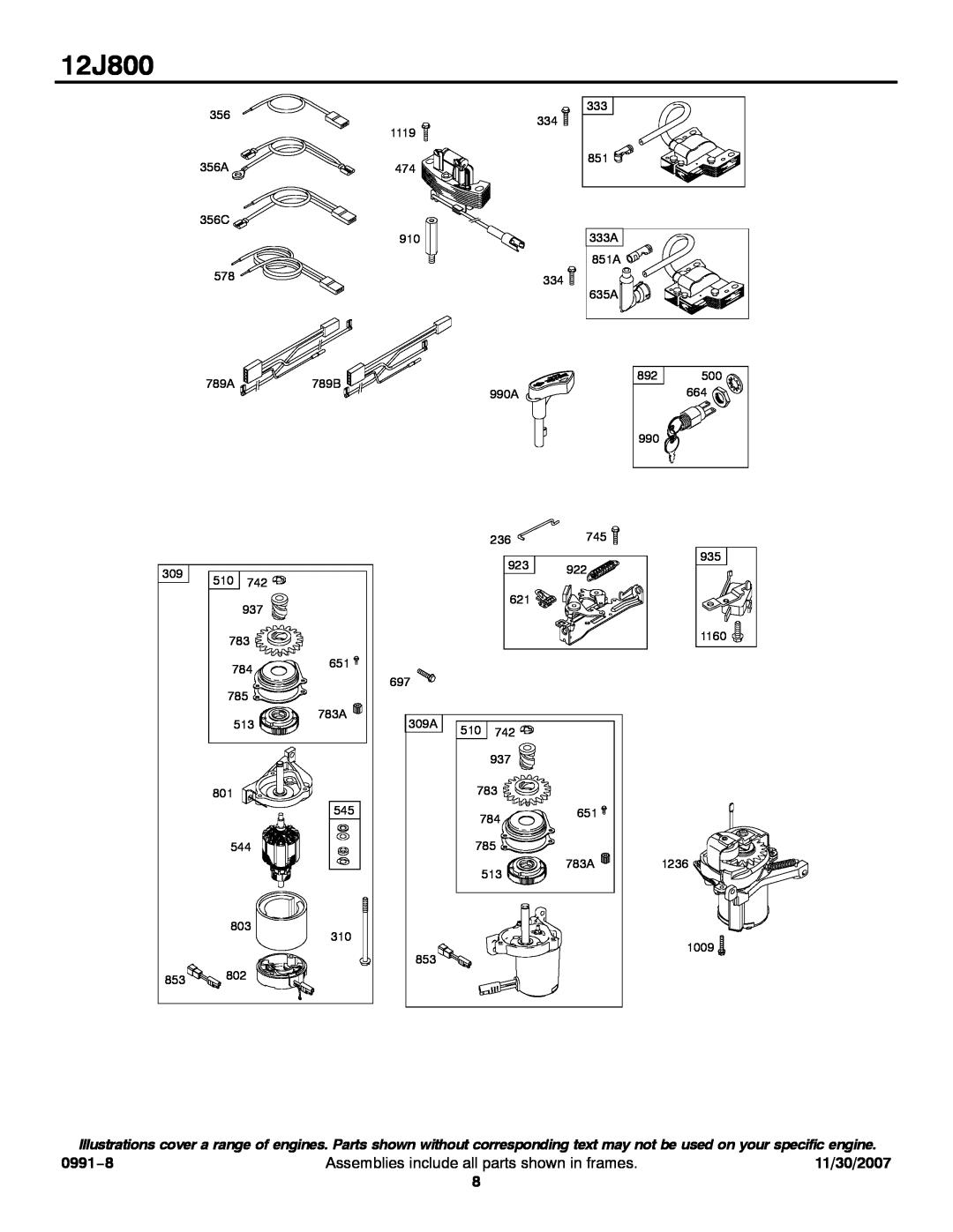 Briggs & Stratton 12J800 service manual 0991−8, Assemblies include all parts shown in frames, 11/30/2007, 356A, 990A 