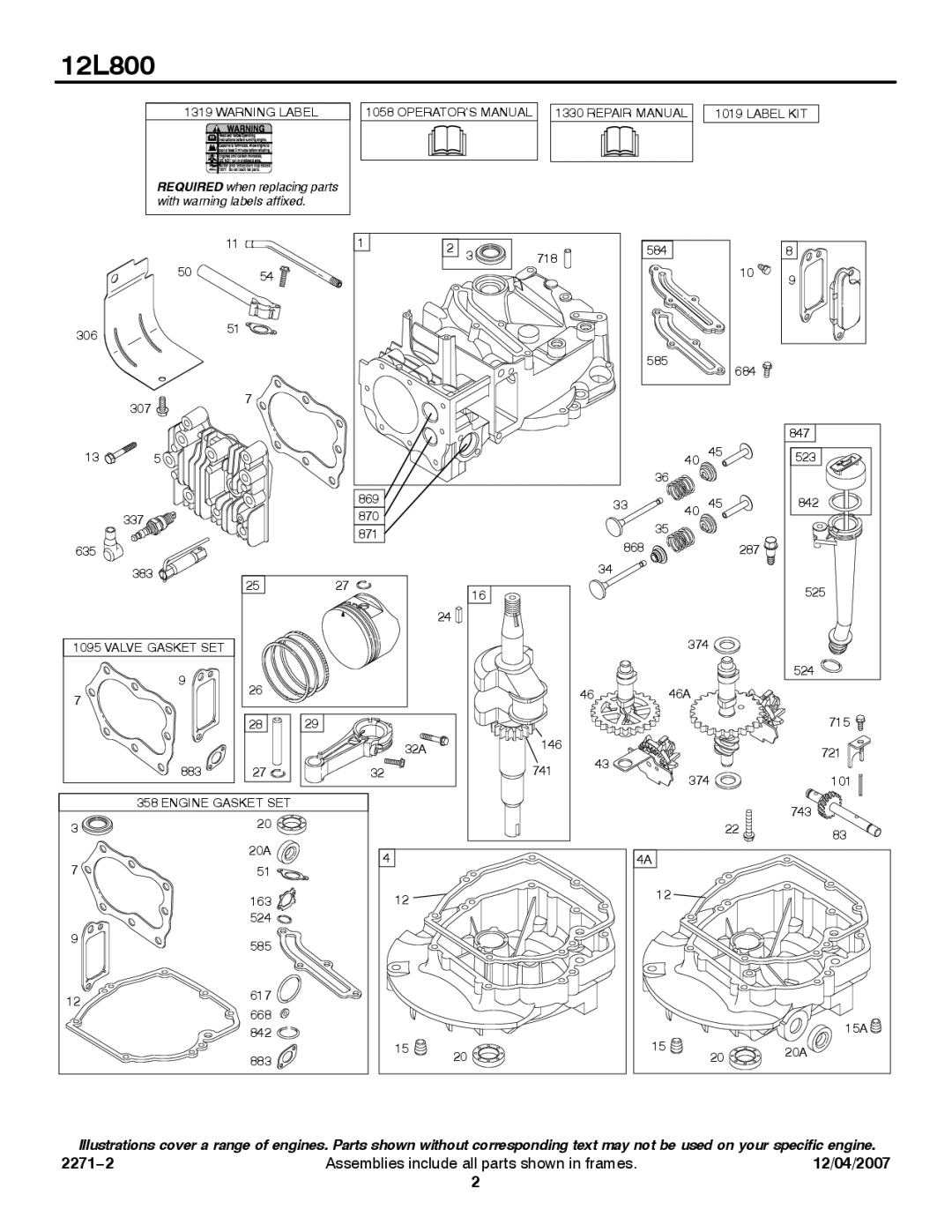 Briggs & Stratton 12L800 service manual OPERATOR’S Manual 1330 Repair Manual Label KIT 