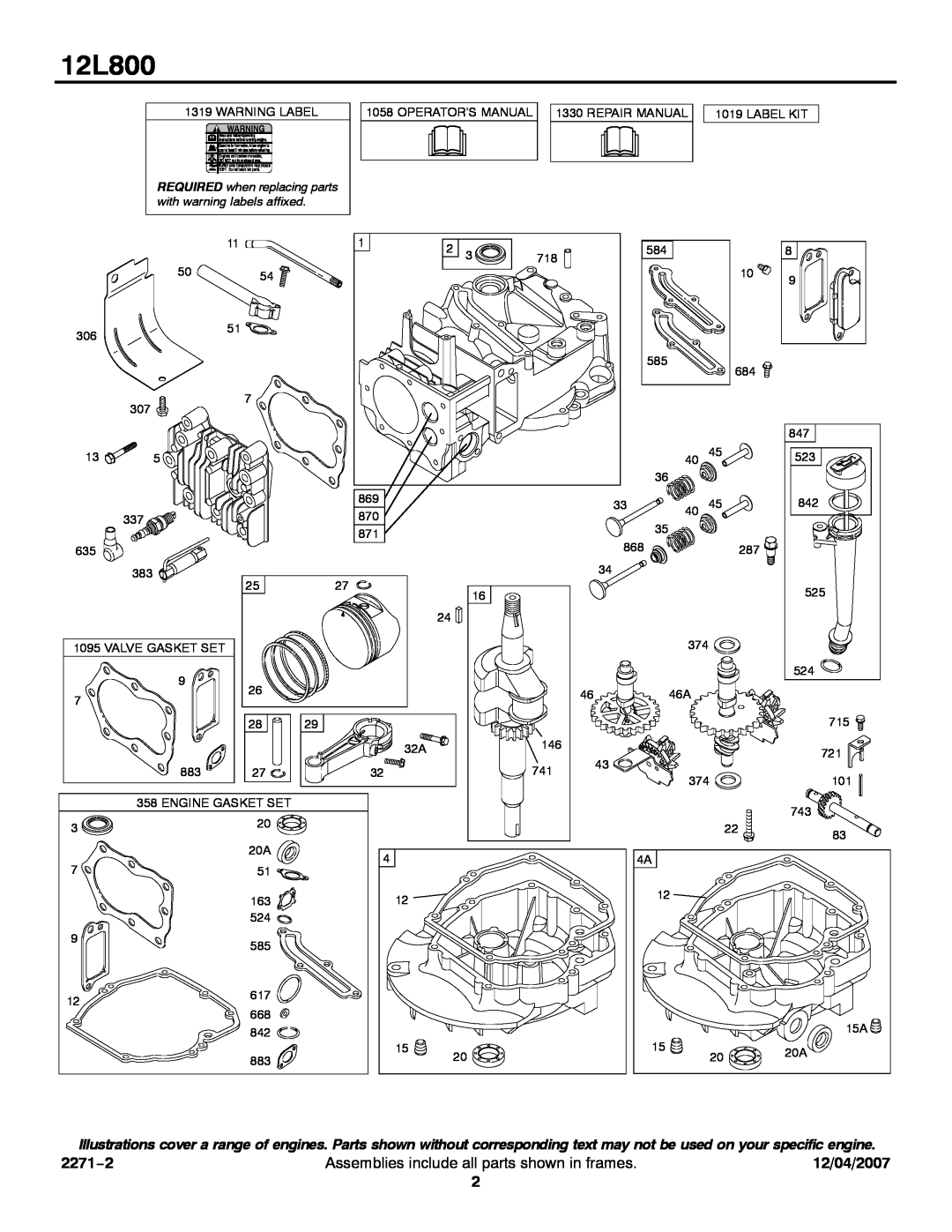 Briggs & Stratton 12L800 service manual 2271−2, Assemblies include all parts shown in frames, 12/04/2007 