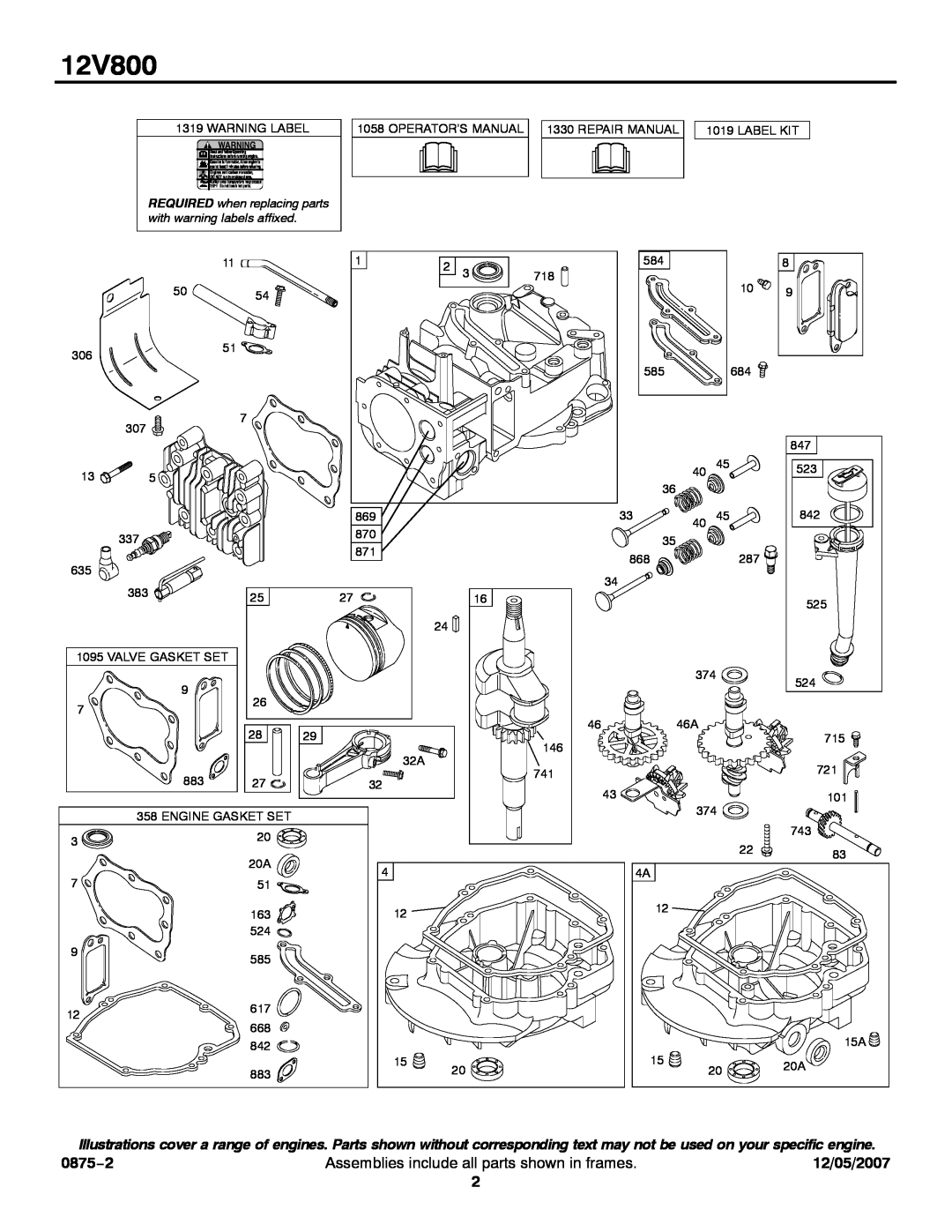 Briggs & Stratton 12V800 service manual 0875−2, Assemblies include all parts shown in frames, 12/05/2007 