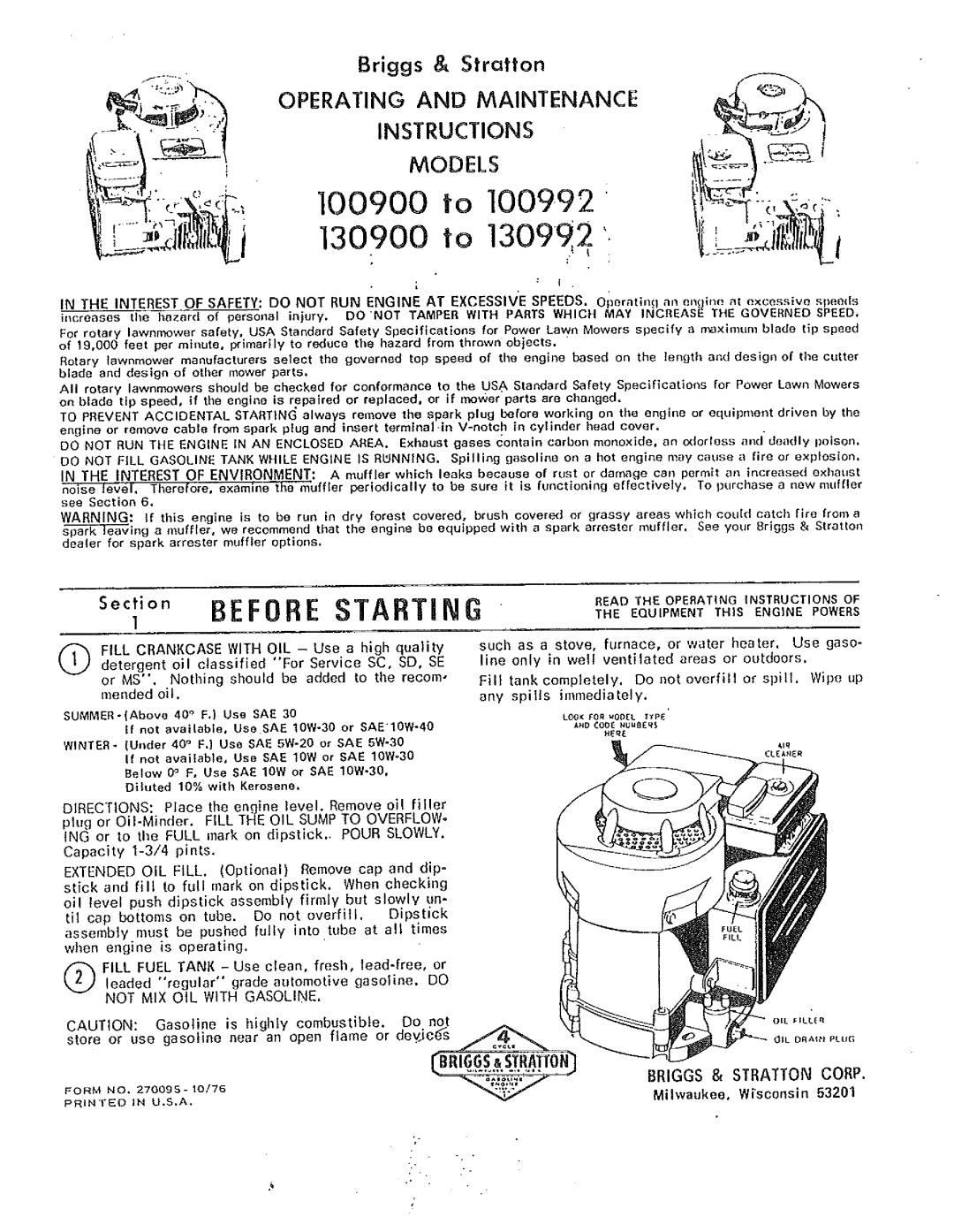 Briggs & Stratton 100900 to 100992, 130900 to 130992 manual 