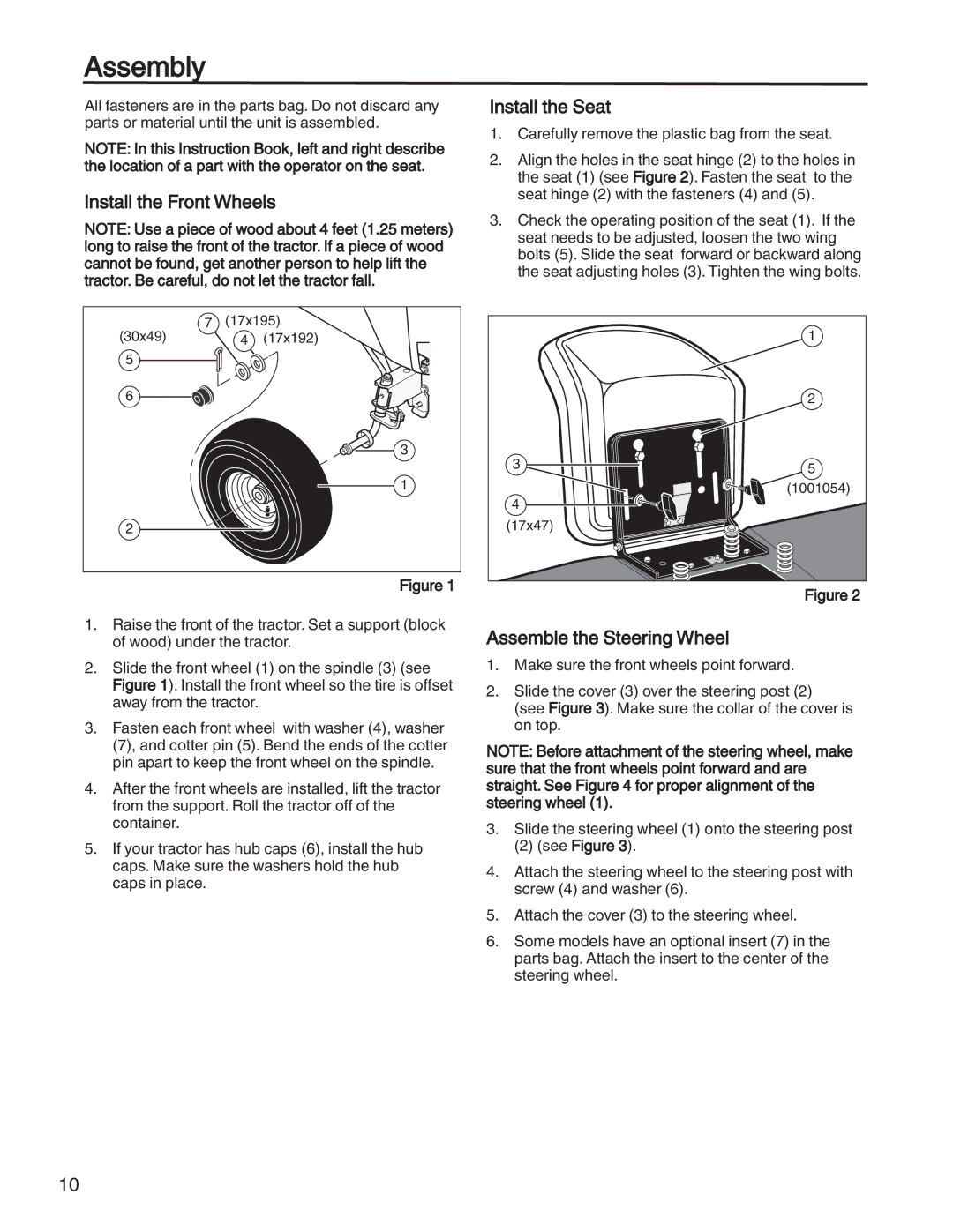 Briggs & Stratton 131F manual Assembly, Install the Front Wheels, Install the Seat, Assemble the Steering Wheel 