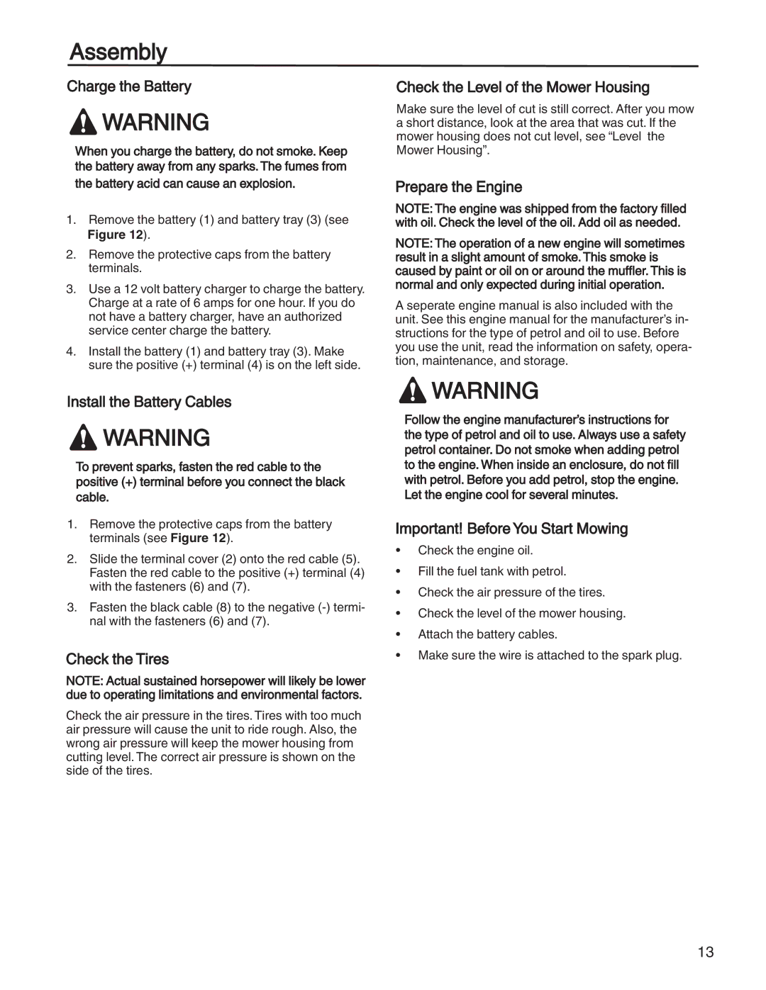 Briggs & Stratton 131F manual Charge the Battery, Install the Battery Cabl es, Check the Tires, Prepare the Engine 