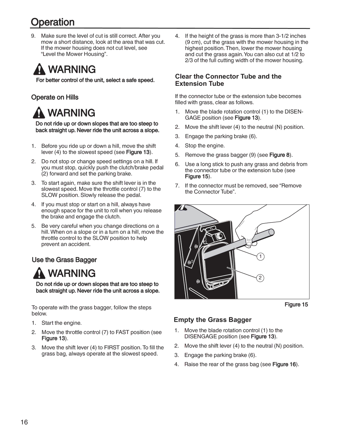 Briggs & Stratton 131F manual Operate on Hills, Use the Grass Bagger, Clear the Connector Tube and the Extension Tube 