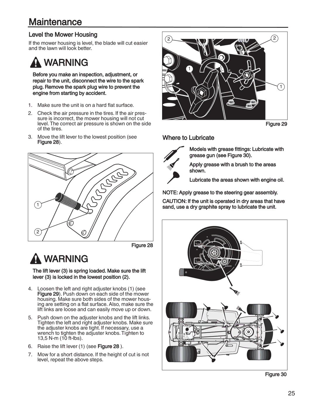 Briggs & Stratton 131F manual Level the Mower Housing, Where to Lubricate 