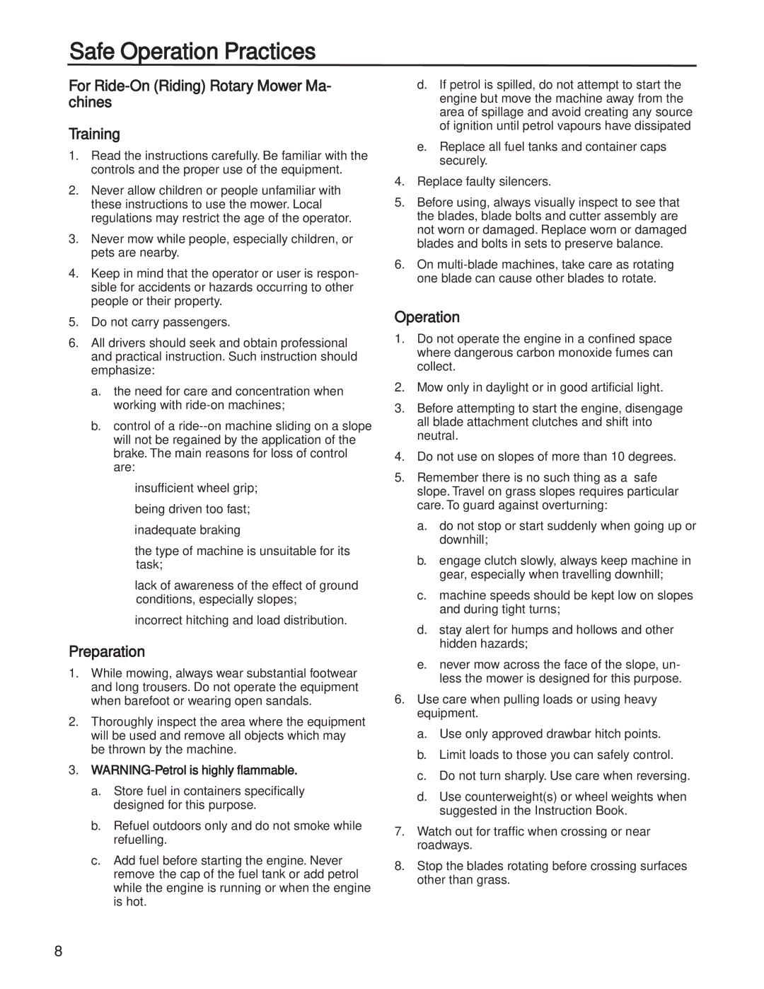 Briggs & Stratton 131F manual Safe Operation Practices, For Ride-On Riding Rotary Mower Ma- chines Training, Preparation 