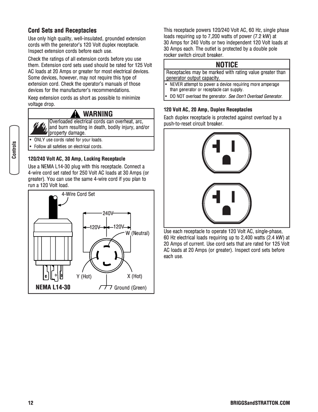 Briggs & Stratton 13500 manual Cord Sets and Receptacles, NEMA L14-30, 120/240 Volt AC, 30 Amp, Locking Receptacle 