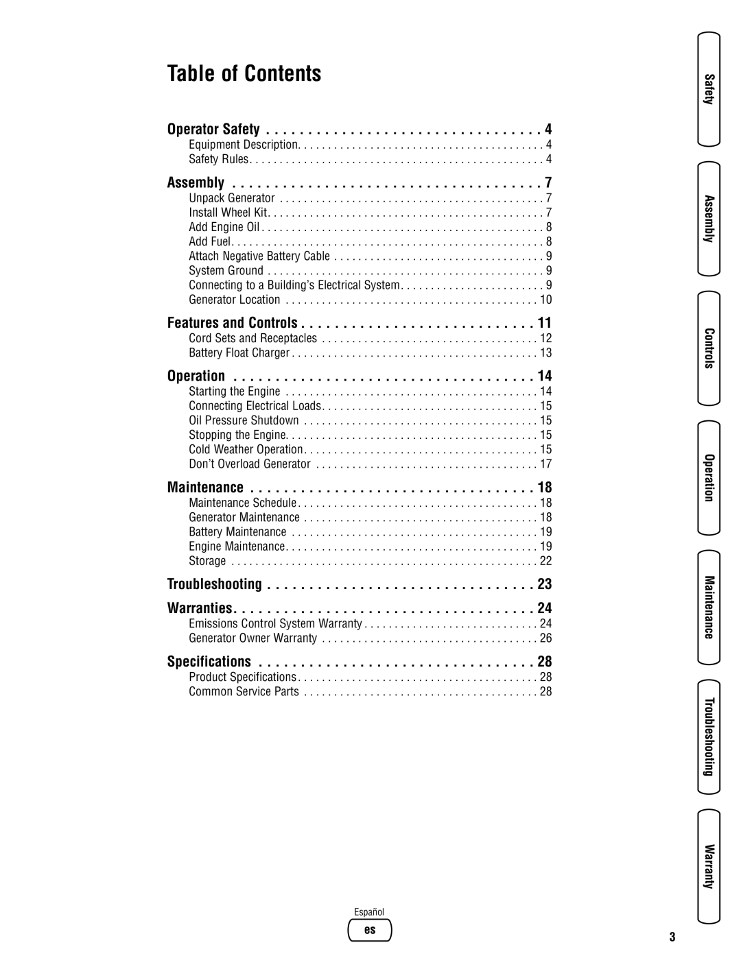 Briggs & Stratton 13500 manual Table of Contents, Español 