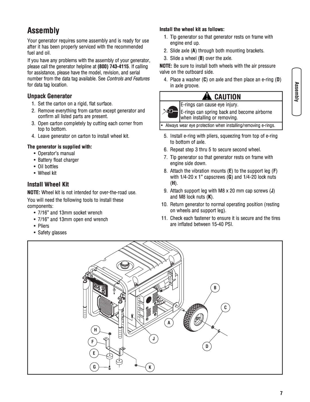 Briggs & Stratton 13500 manual Assembly, Unpack Generator, Install Wheel Kit, Install the wheel kit as follows 