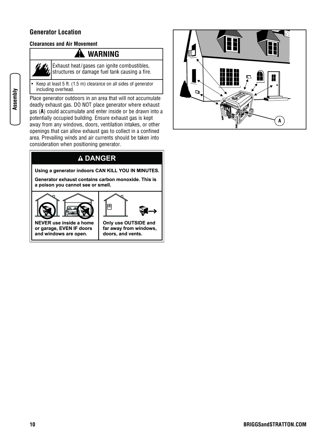 Briggs & Stratton 13500 manual Generator Location, Clearances and Air Movement 