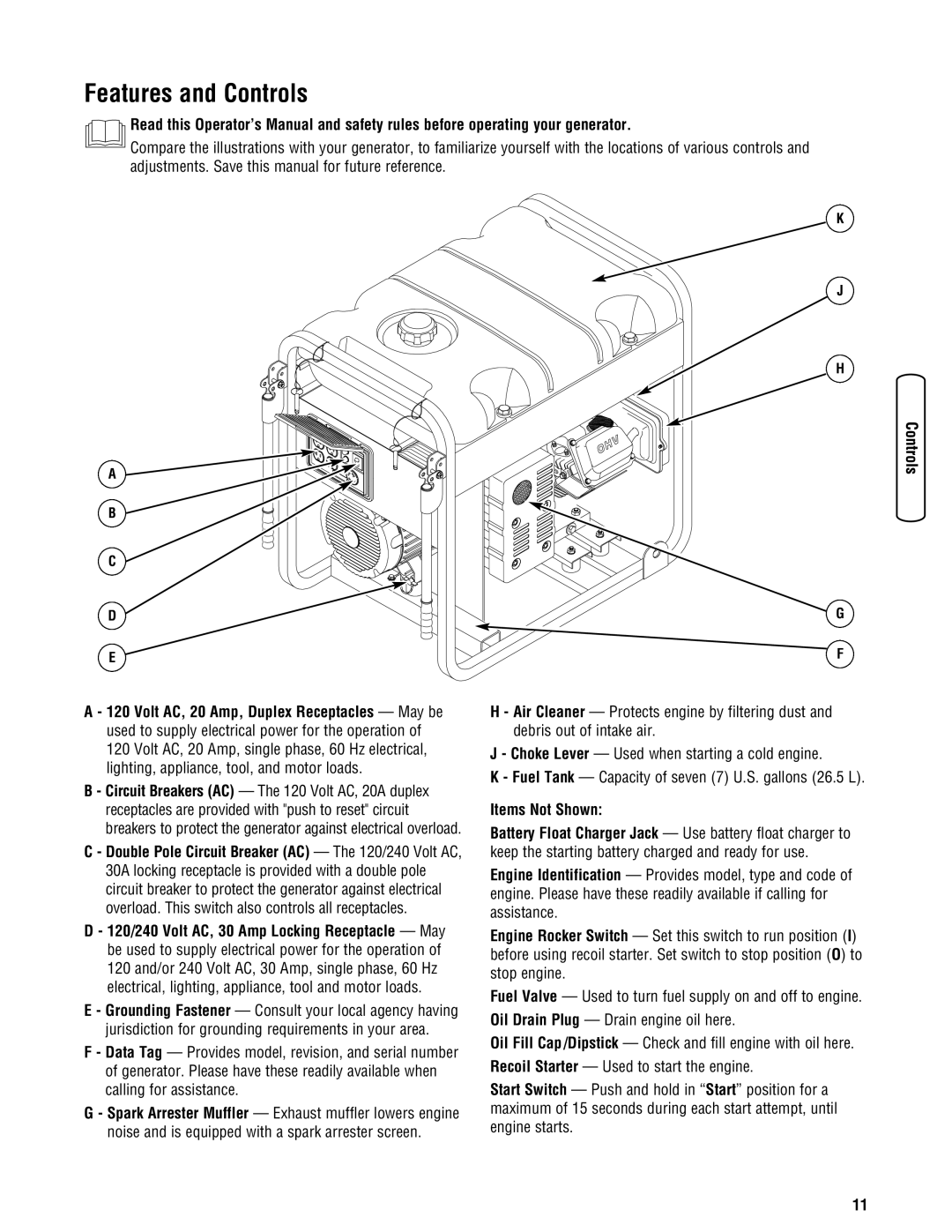 Briggs & Stratton 13500 manual Features and Controls, Volt AC, 20 Amp, Duplex Receptacles May be, Items Not Shown 