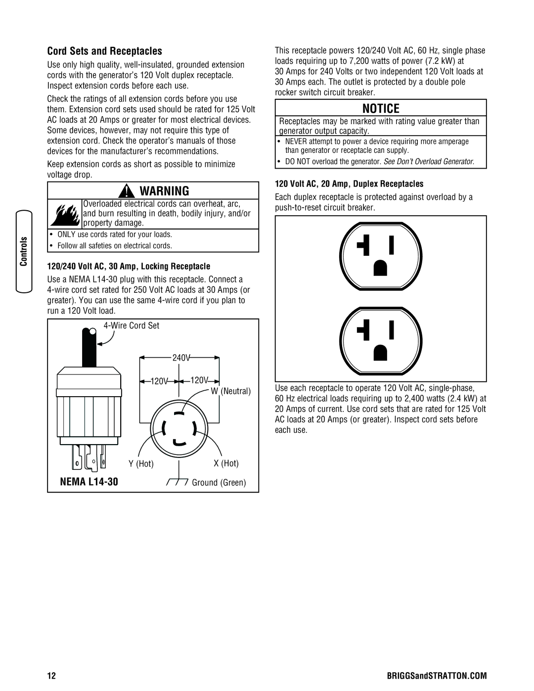 Briggs & Stratton 13500 manual Cord Sets and Receptacles, Nema L14-30, 120/240 Volt AC, 30 Amp, Locking Receptacle 