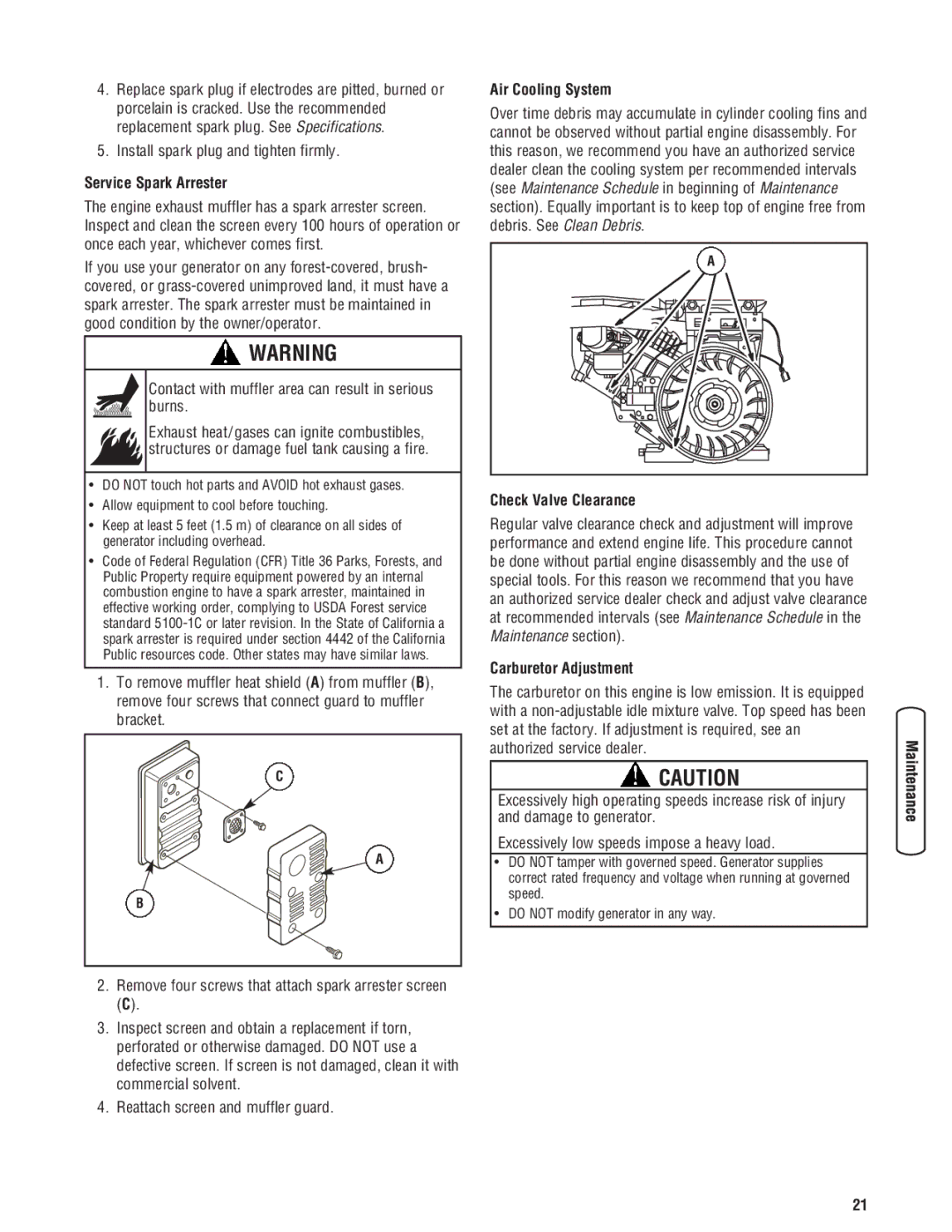 Briggs & Stratton 13500 manual Install spark plug and tighten firmly, Service Spark Arrester, Air Cooling System 