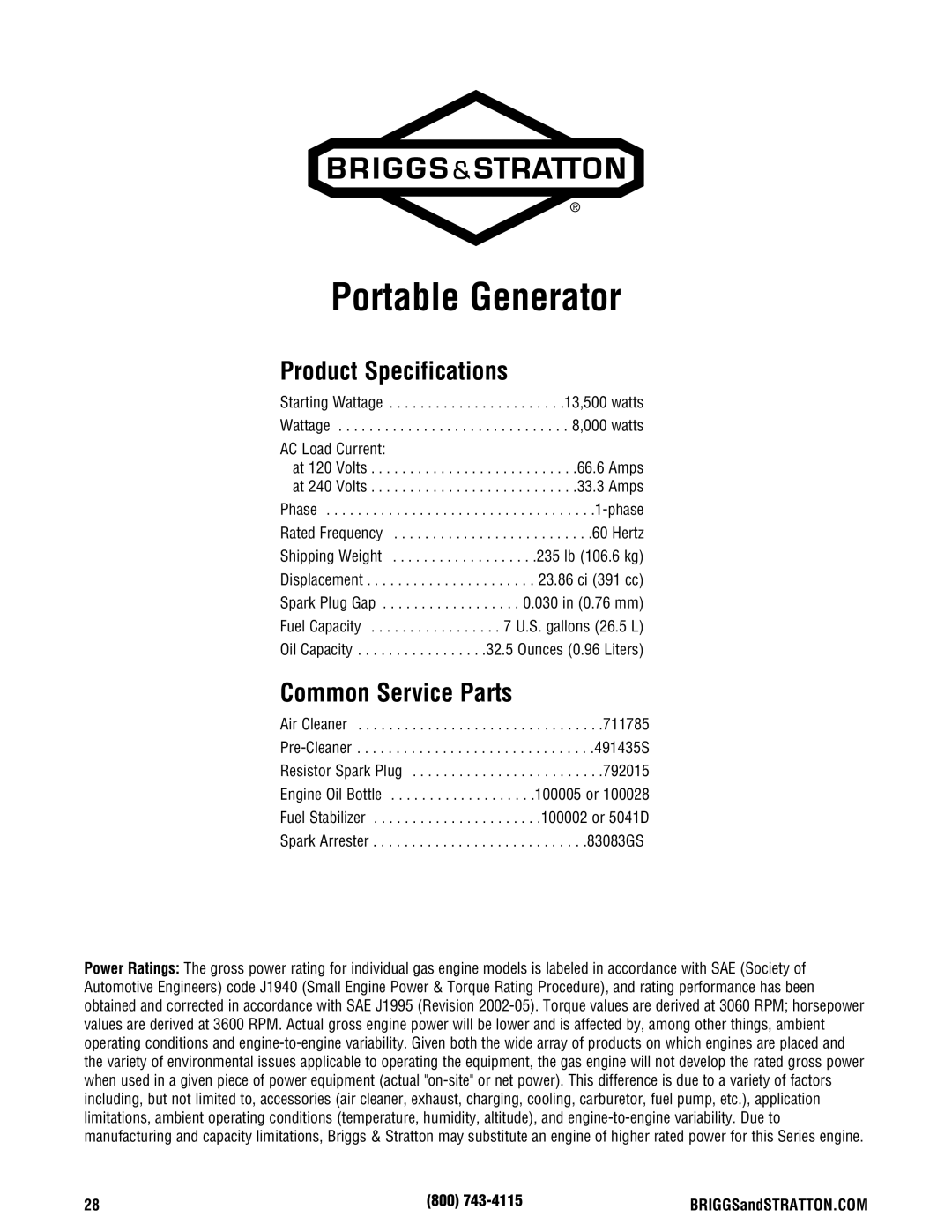 Briggs & Stratton 13500 manual Product Specifications, Common Service Parts, 800 