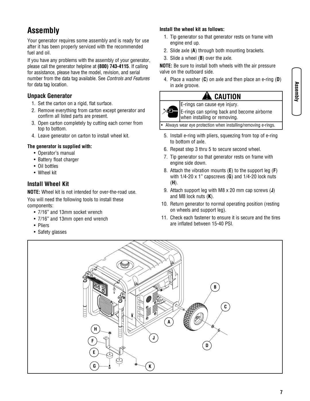 Briggs & Stratton 13500 manual Assembly, Unpack Generator, Install Wheel Kit, Install the wheel kit as follows 