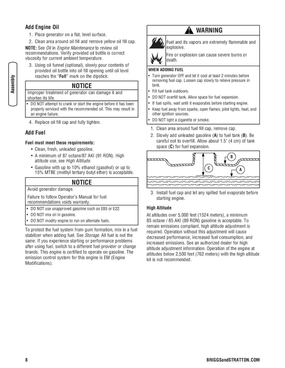 Briggs & Stratton 13500 manual Add Engine Oil, Add Fuel, Replace oil fill cap and fully tighten, High Altitude 